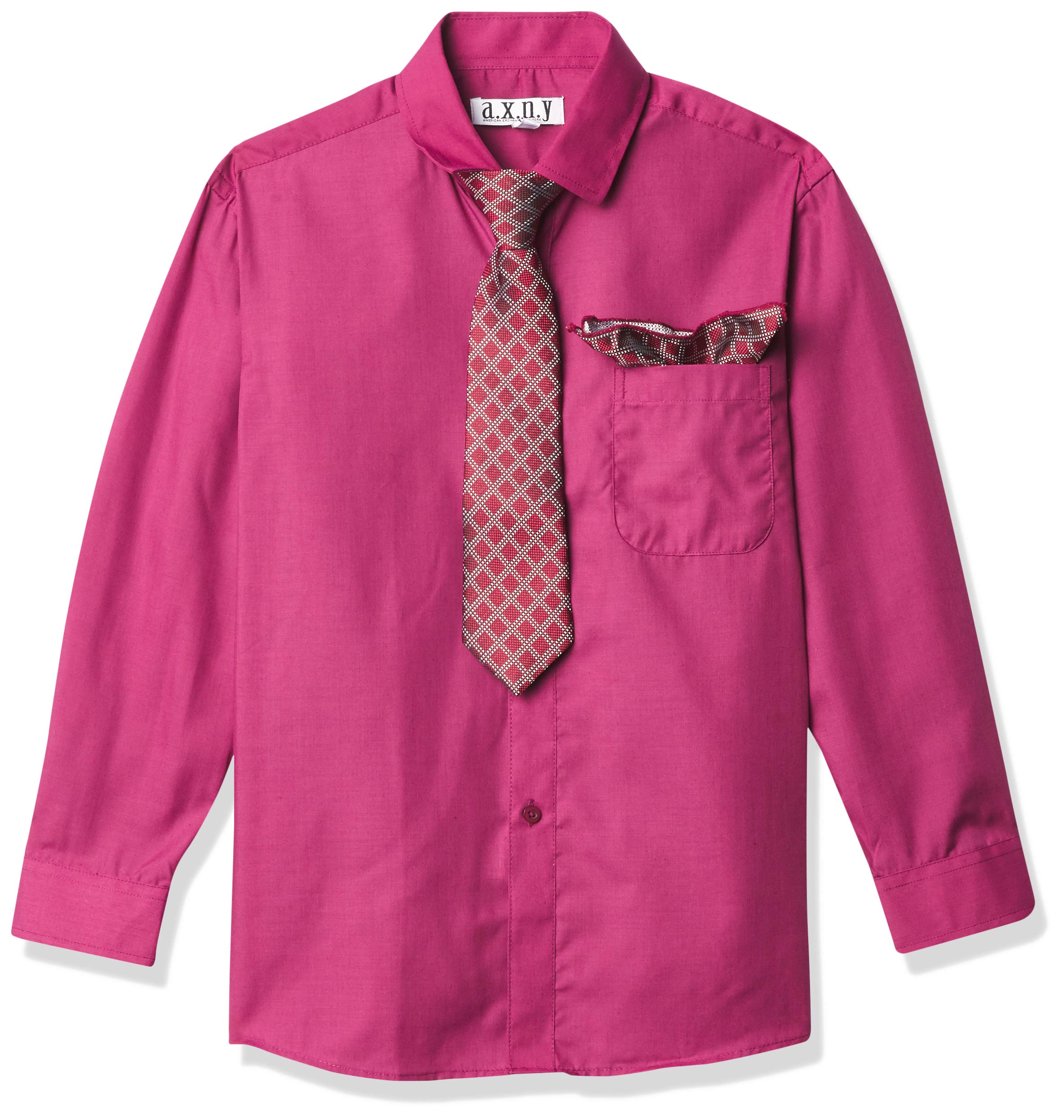 a.x.n.y Boys' Long Sleeve Button Down Shirt with Tie and Pocket Square Combo Set, Wine, 18