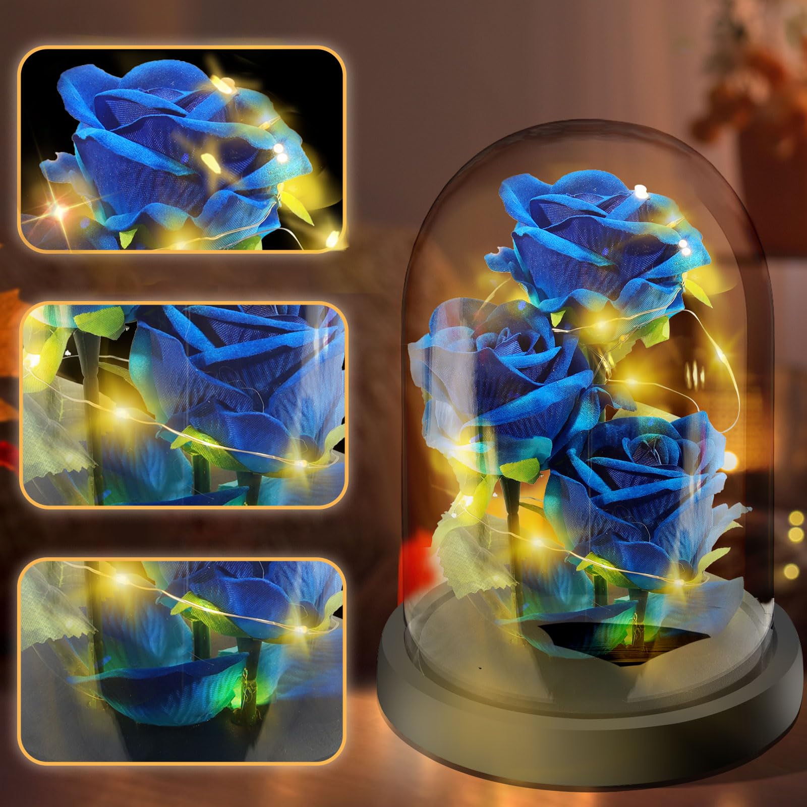 Regalo di San Valentino Per Mamma Nonna, Fiore Rosa Regalo per Lei - 3 Rose di Seta Blu con Luce a LED in una Cupola di Vetro per la Festa Della Mamma, Compleanno, Anniversario, Fiore Rosa Regalo