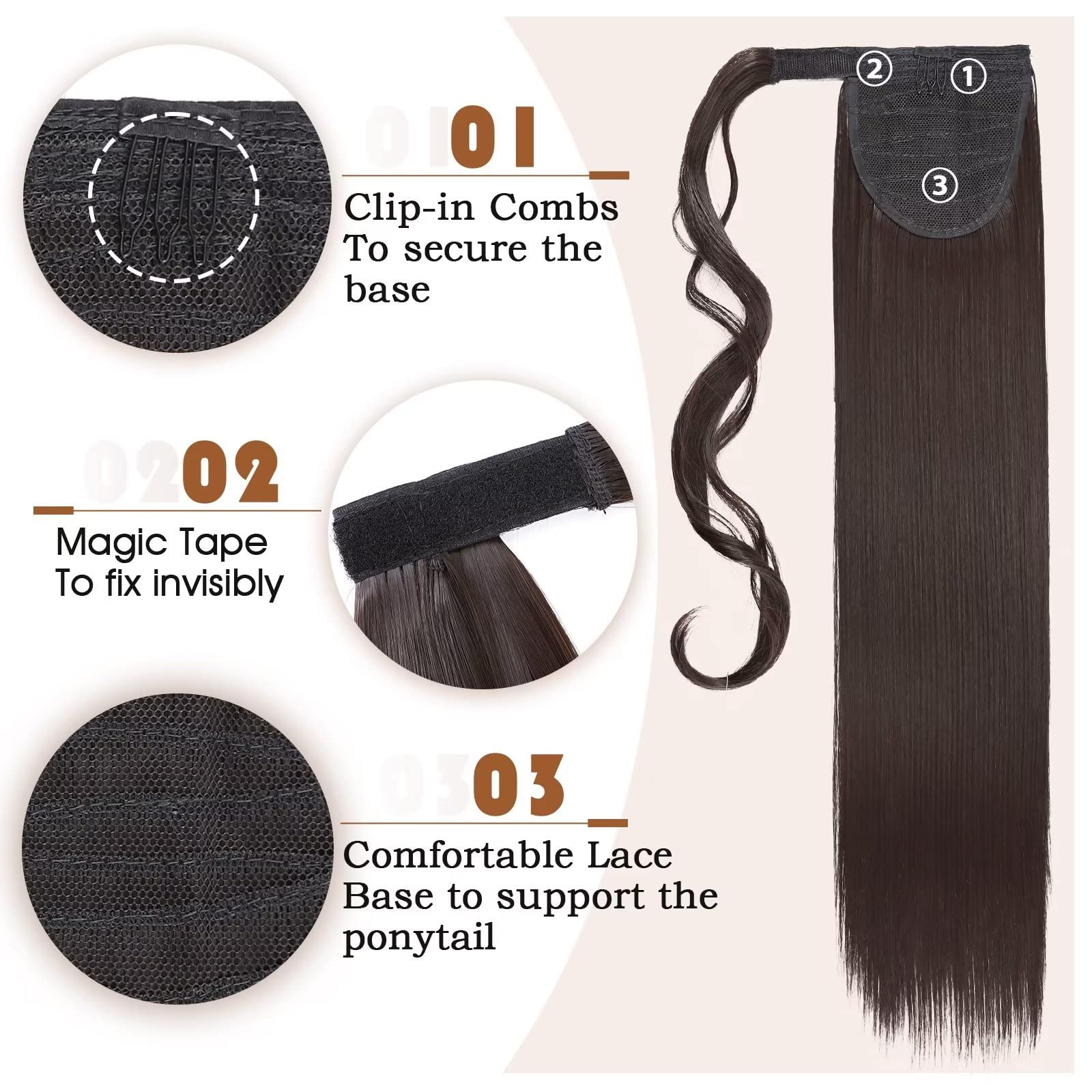 TESS Coleta Postiza Pelo Natural 66 cm, Postizos de Pelo Natural Liso Marrón oscuro (#4A) Coleta Postiza 100g