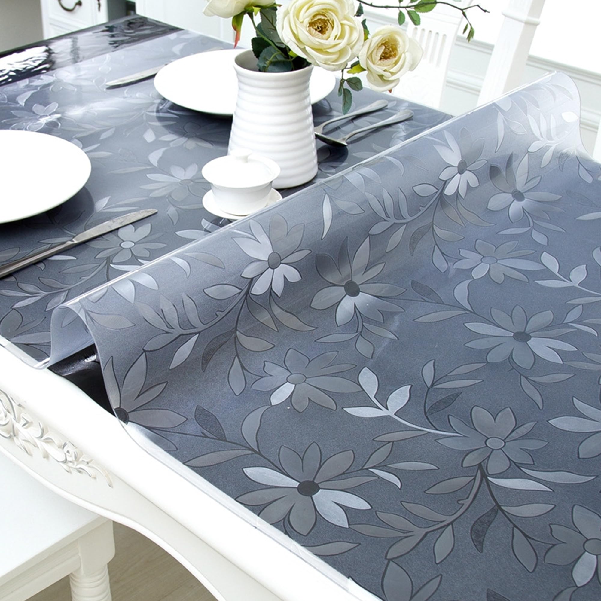 SSFMSF Thickened Tablecloth PVC Protective Film Is Waterproof, Heat-Resistant Wear-Resistant Easy To Clean And Non-Slip, Suitable For Dining Tables. (Flower, 2mm - 130 x 140 cm Rectangle) — image 1