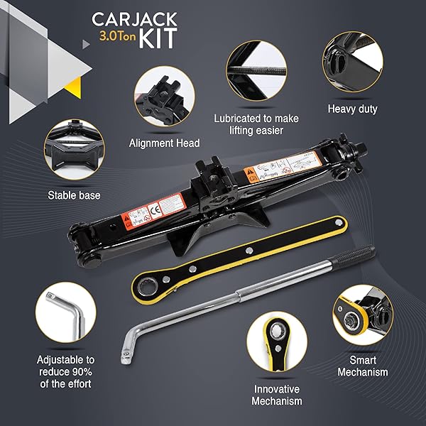 AMVIA Car Jack Kit | Scissor Jack for Car 3 Ton (6,600 lbs) - Tire Jack Tool Kit | Portable, Ideal for SUV and Auto - Universal Emergency Kit with Lug Wrench | Heavy Duty Material in use