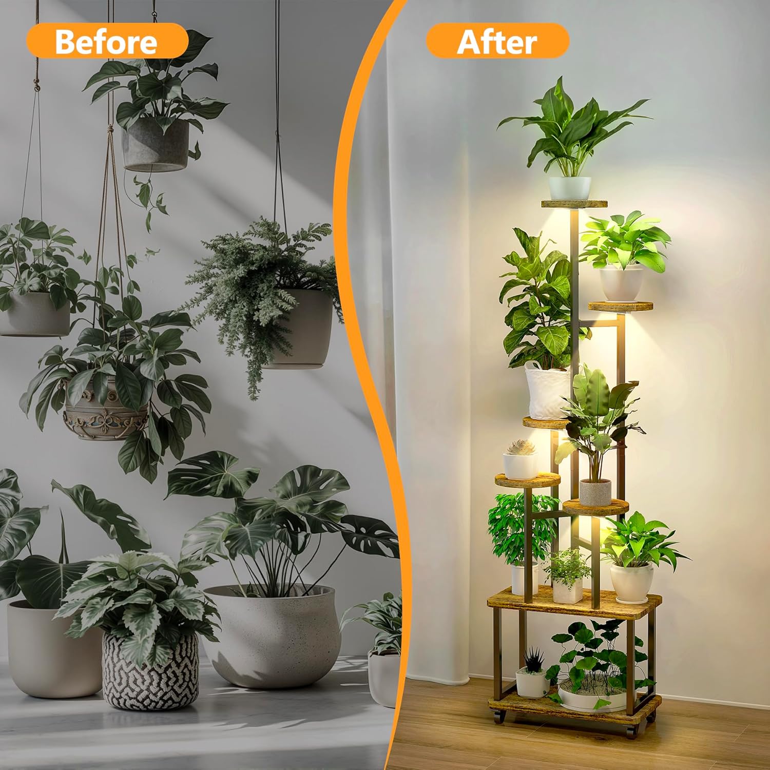 62" Plant Stand with 4 Full Spectrum Grow Lights, 7-Tiered Multifunctional Wheel Plant Shelf Display Rack Holder for Indoor Plants,Mobility Metal Plant Flower Holder with Waterproof Circle Tray