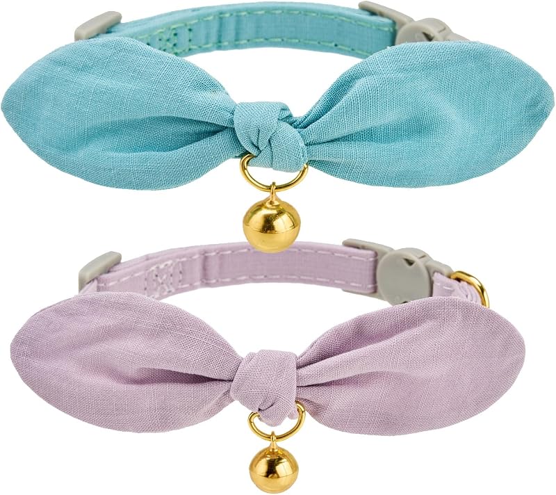 Guizo para Coleira de Gatos Petiry com Laço de Coelhinho e Fecho Breakaway, Lavanda e Azul-Ciano, Pacote com 2