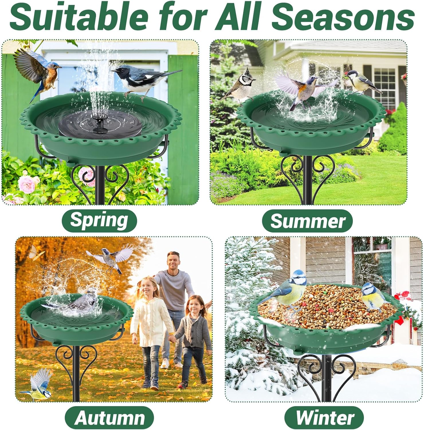 40In Bird Bath for Outside,Freestanding Birdbath & Birdfeeder with Metal Stake,Vintage Birdbaths Water Bowl with 5 Prongs Base for Outdoor Garden Yard Decor (Green)
