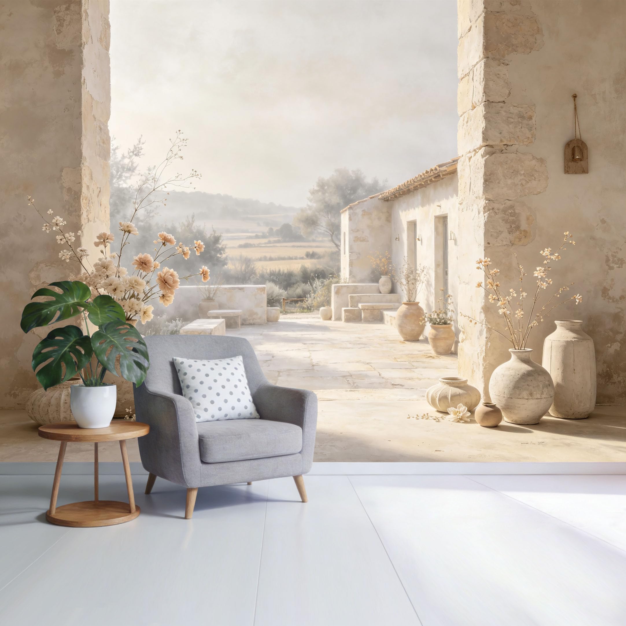 Custom Size Wall Mural Mediterranean Courtyard Landscape Rustic Stone Archway Vases Botanical Pastel Tones SelfAdhesive Wall Fabric Removable Wallpaper for Home Office Decor