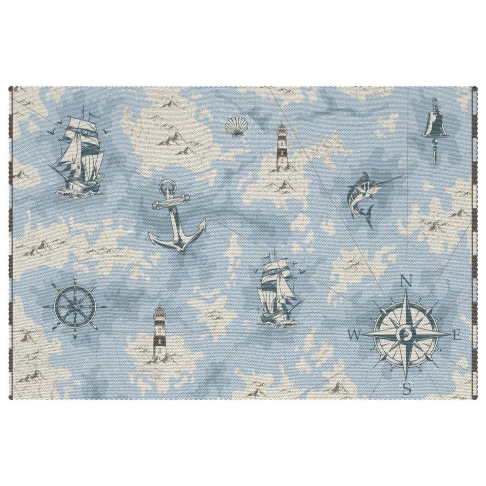 Lot de 6 sets de table vintage carte nautique et ancre de marine 30x46 cm