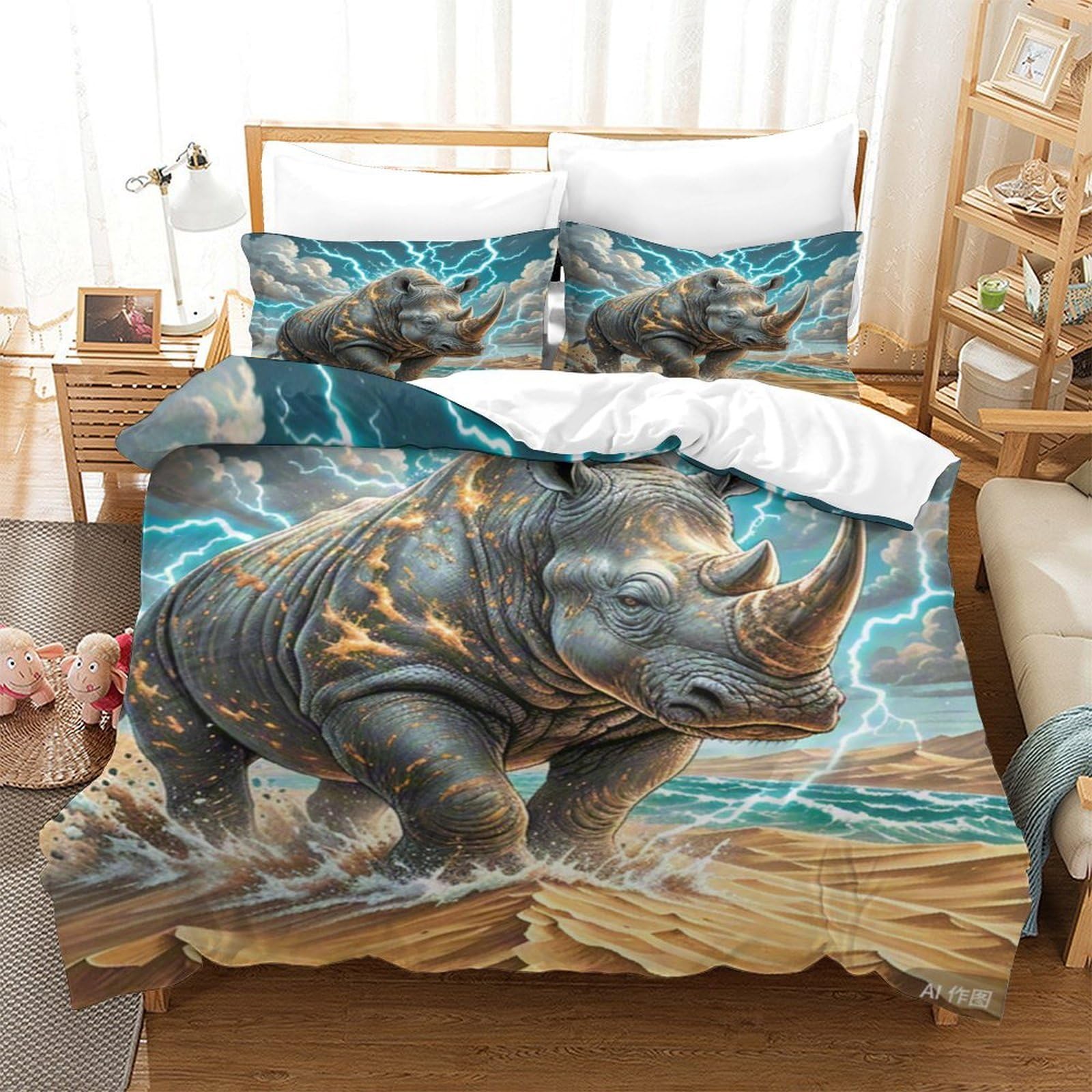 Housse de couette rhinocéros 140x200cm zip invisible pour lit d'enfant sans glisser