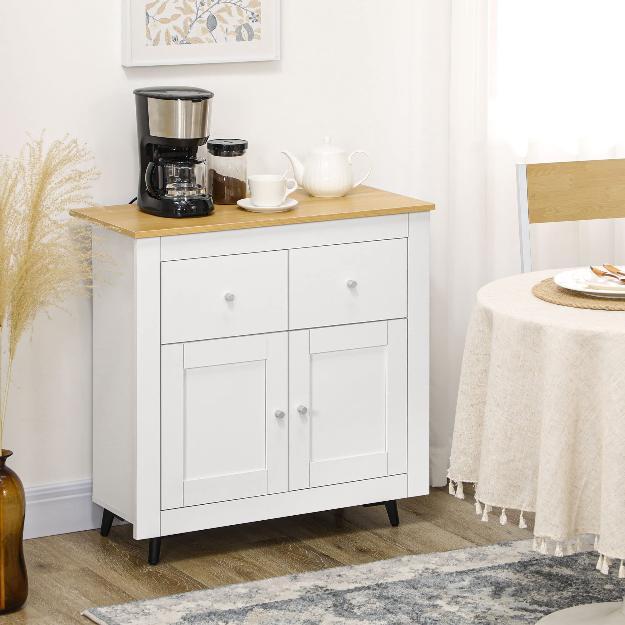 HOMCOM Aparador de Cocina Buffet Auxiliar de Comedor Moderno con Puertas Dobles y 2 Cajones para Salón Entrada Oficina 78x35x80 cm Blanco