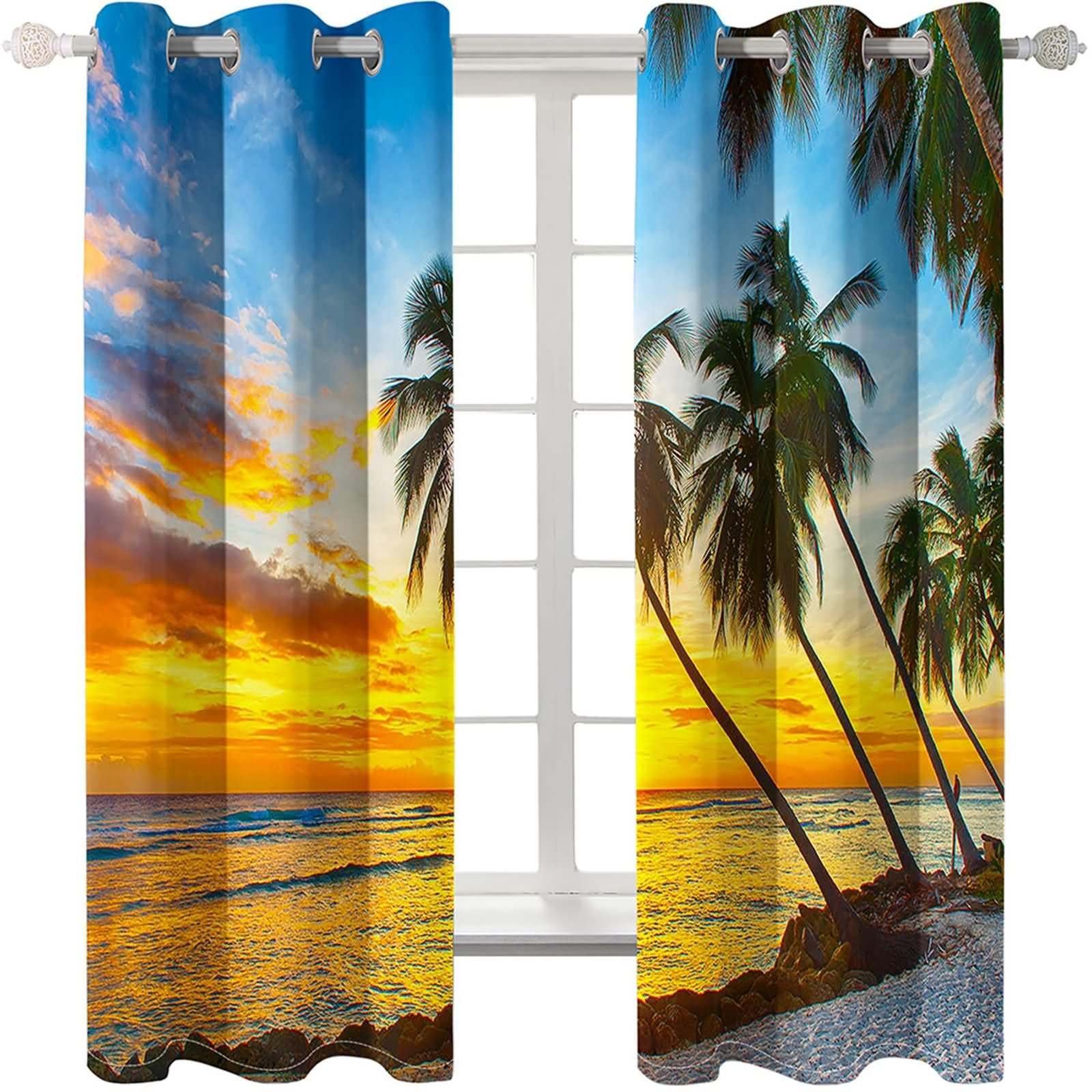Küchen Vorhang Blickdicht 2er Set,2 x 244W x 229H cm,Vorhänge mit Ösen Palmstrand und Sonnenuntergang Landschaft Gardinen Küchen Orange Blau Grün