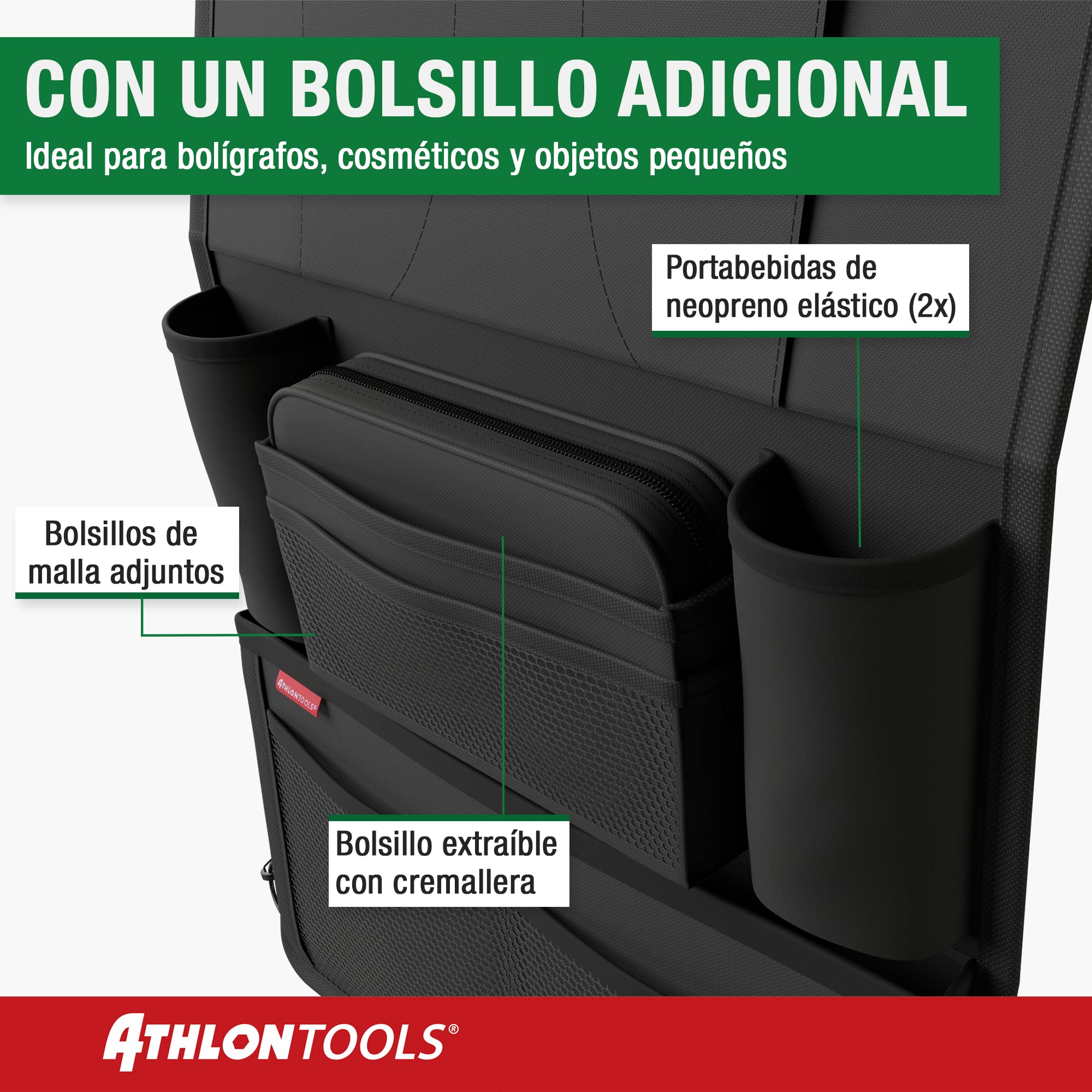 ATHLON TOOLS Organizador de asiento de coche con soporte para tablet integrado, parte trasera reforzada, con estuche extra para lápices, para negocios y niños, diseñado en Hamburgo