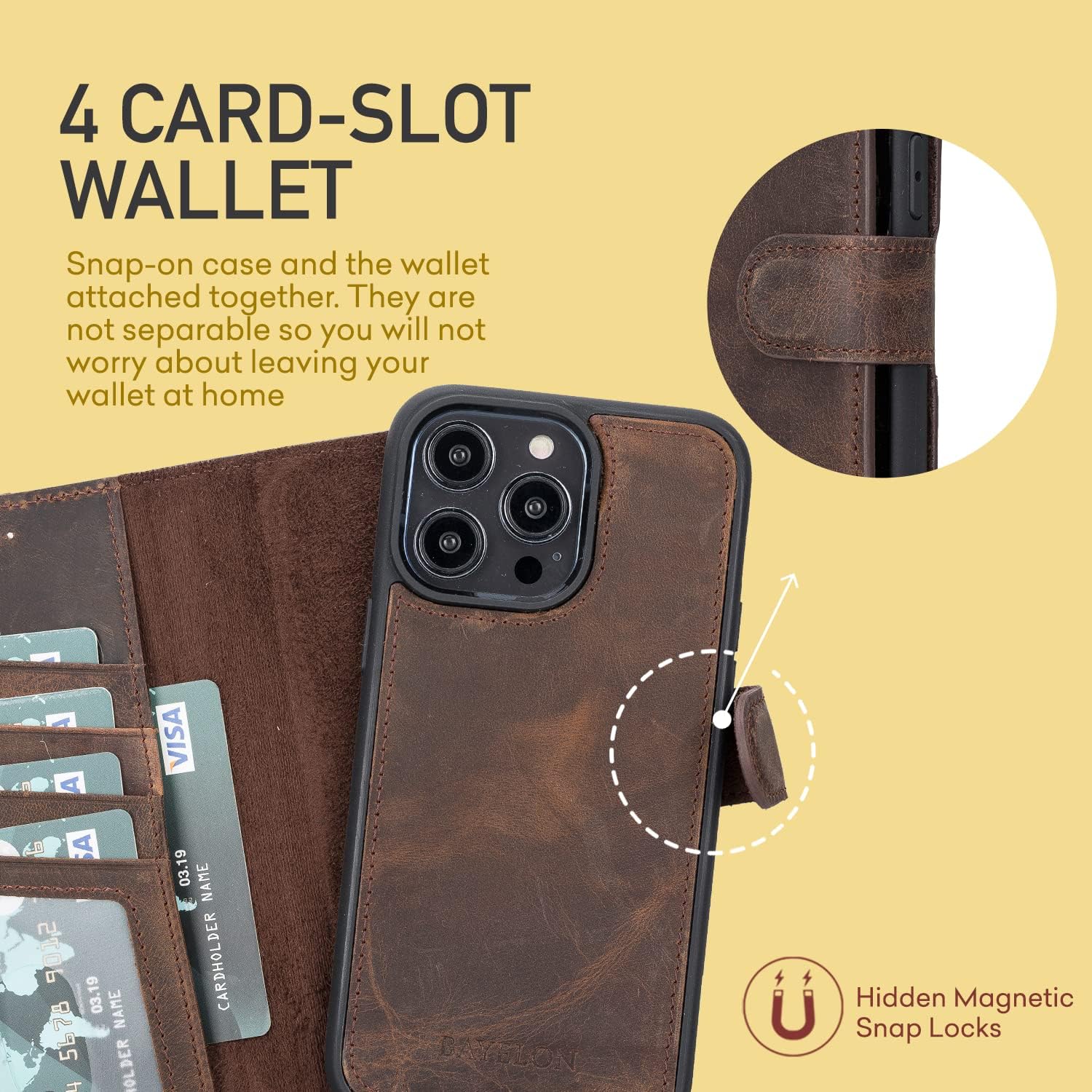 Bayelon Case for iPhone 14 Pro, Full Grain Leather Wallet Case, [2in1], Detachable Magnetic Flip Cover with Card Slots, Kickstand, MagSafe Compatible (Dark Brown)