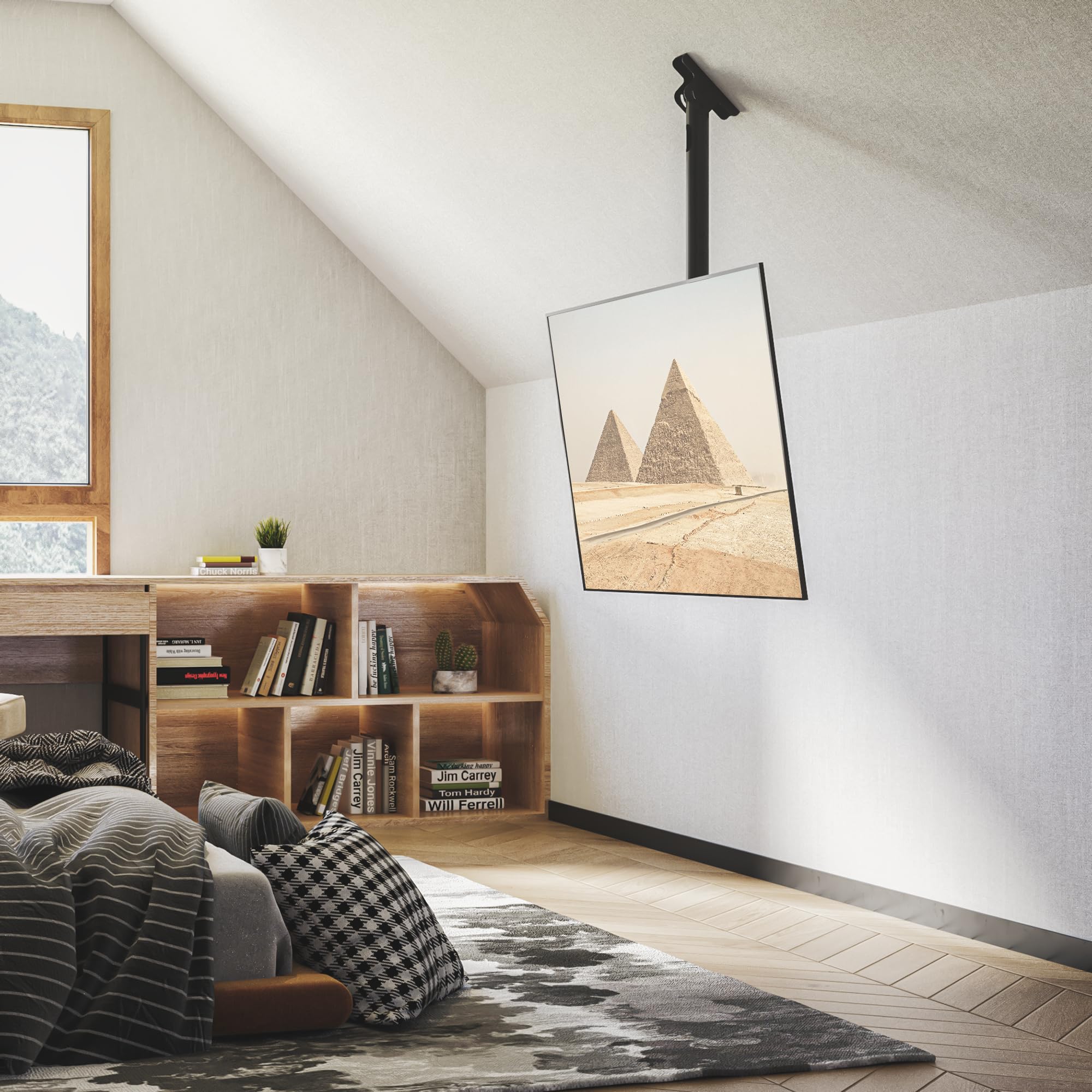 BONTEC supporto TV soffitto regolabile, staffa TV 26-65 pollici fino a 45kg, compatibile VESA 100x100-400x400, porta TV girevole 360°, altezza regolabile 73-98cm, ideale per casa, ufficio e locali
