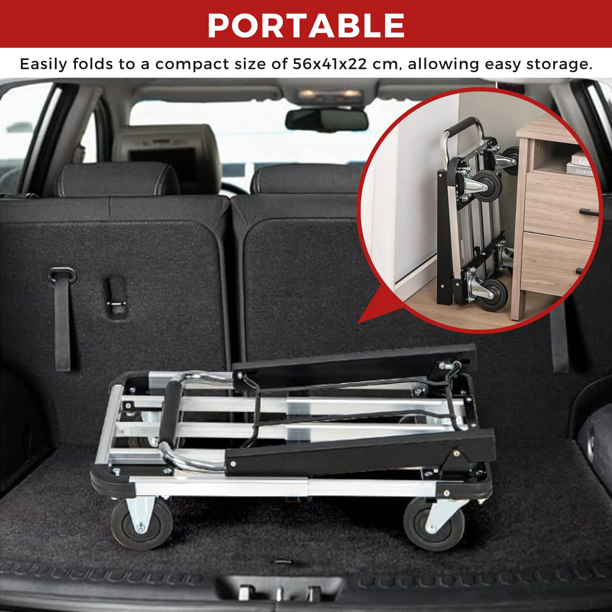 Carrello Manuale in Alluminio, Carrello a Mano Pieghevole Allungabile con 4 Ruote Antiscivolo, Carrello a Pianale con Portata 150 kg, Carrello di Trasporto in Magazzini, Giardino, Casa, Traslochi