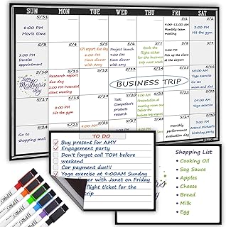 Quadro branco planner mensal apagável a seco magnético grande, para geladeira – jogo com um calendário mensal grande e dois quadros para anotações/coisas a fazer/compras; com 6 marcadores magnéticos apagáveis a seco de ponta fina incluídos.