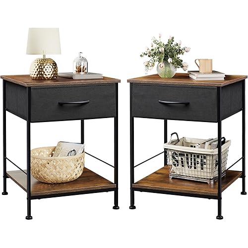 WLIVE Nightstand Set of 2, End Table with Fabric Storage Drawer and Open Wood Shelf, Bedside Furniture with Steel Frame, Side Table for Bedroom, Dorm, Easy Assembly, Black and Rustic Brown