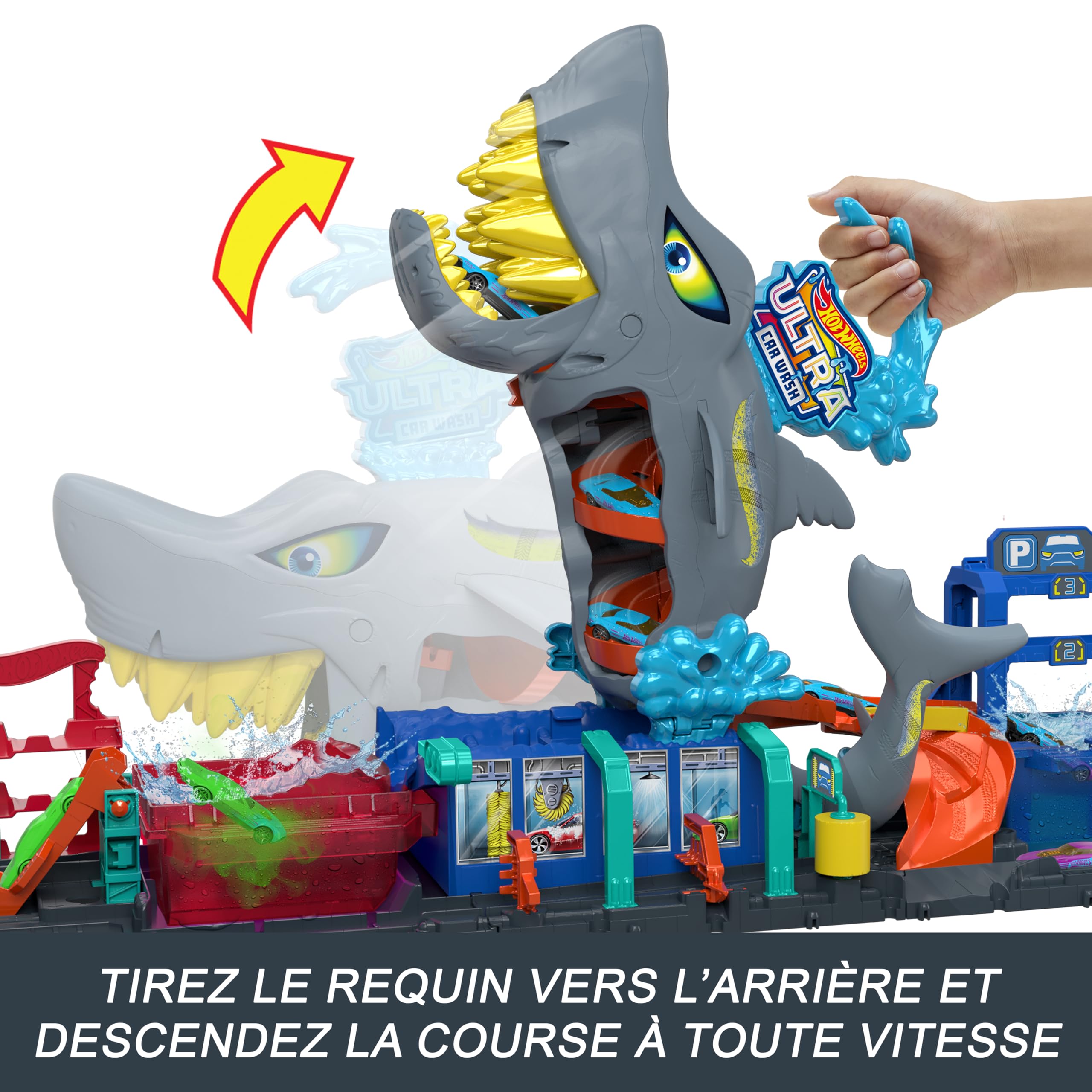 Hot Wheels Let’s Race Netflix - City Station de Lavage Requin Coffret Piste de Course avec Voiture Color Reveal à l’échelle 1/64, Fonction de Changement de Couleur et Rangement, HTN82