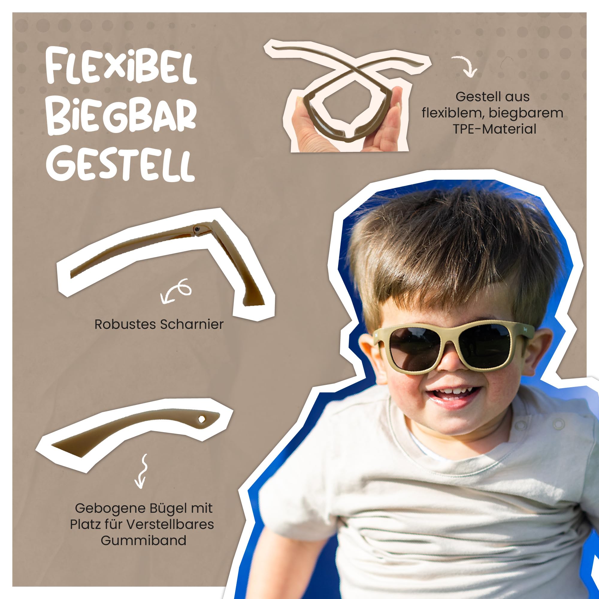 Kinder Sonnenbrille für Kleinkind und Baby - 1-3 Jahre - UV400 Polarisierter Schutz - Flexibler und Biegsamer Rahmen - Verstellbares Gummiband - Sichere und Bequeme Kindersonnenbrille - Luca
