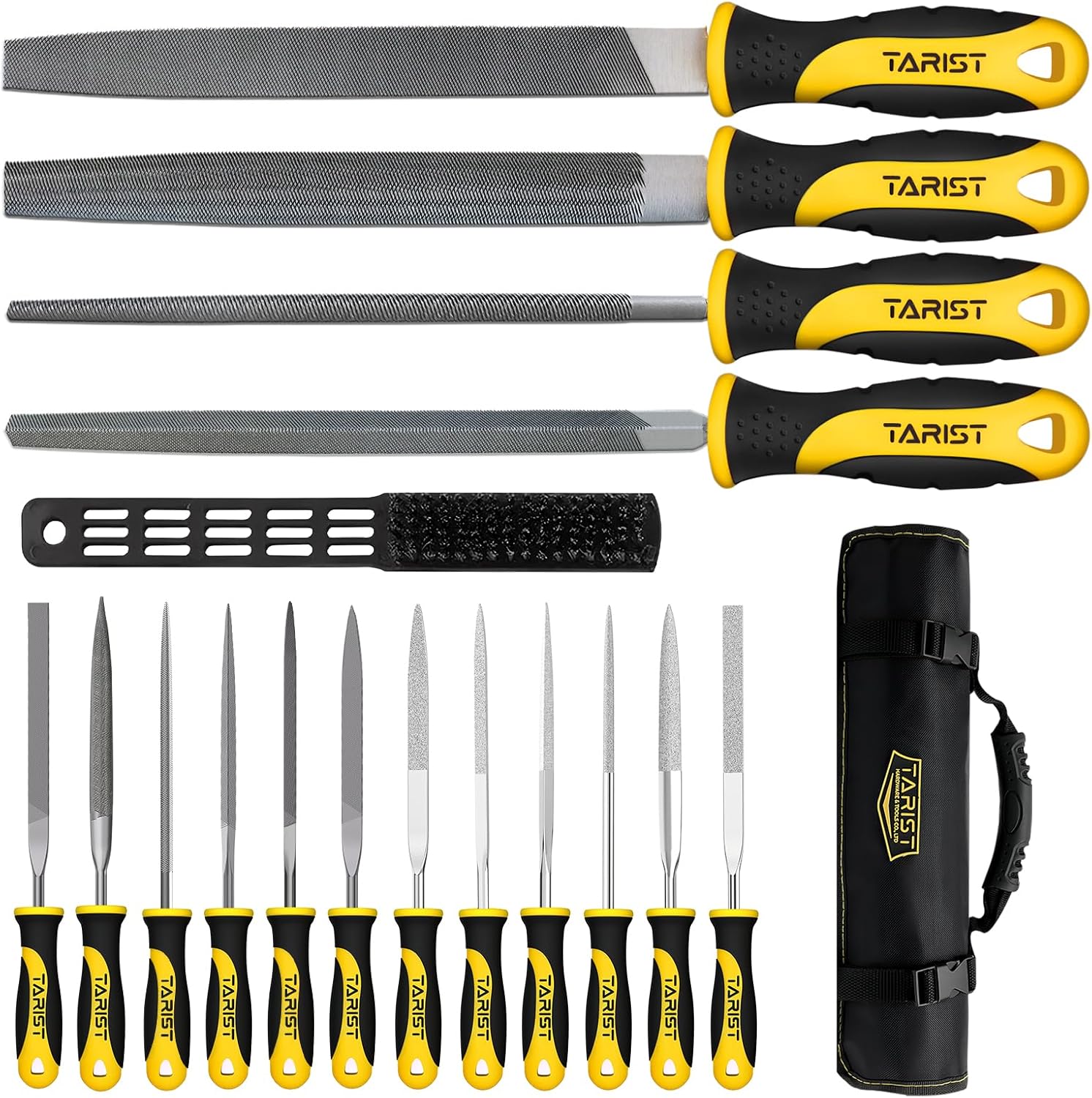 TARIST 17PCS File Set with Tool Bag, Includes 4PCS Large Metal File, 12PCS Needle File and Wire Brush,Work for Metal, Wood and More