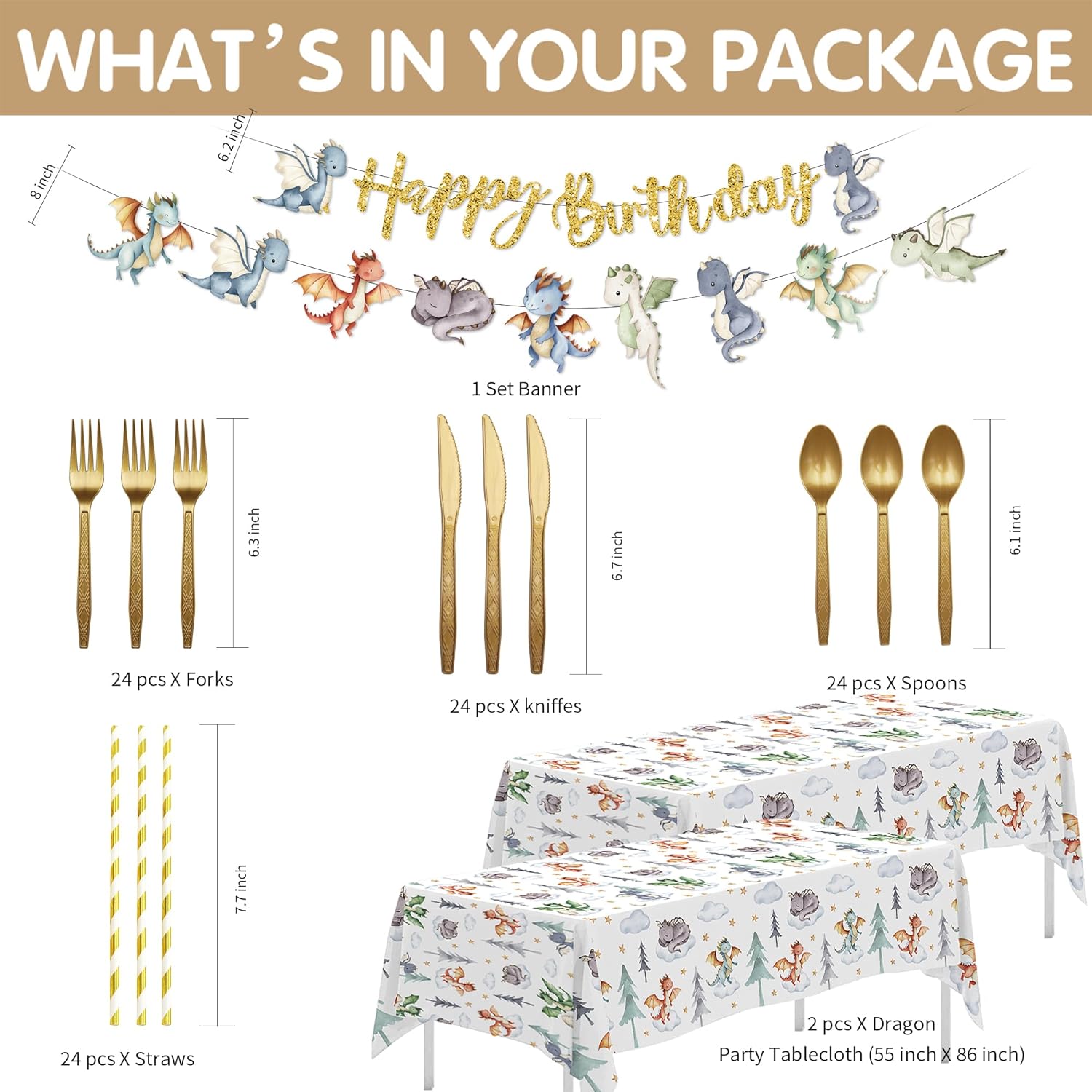 Dragon Birthday Party Supplies, Magic Dragons Party Decorations, Paper Plate, Napkin, Cup, Tablecloth, Cutlery, Magical Dragon Birthday Baby Shower Table Decorations, Serves 24 - Image 3