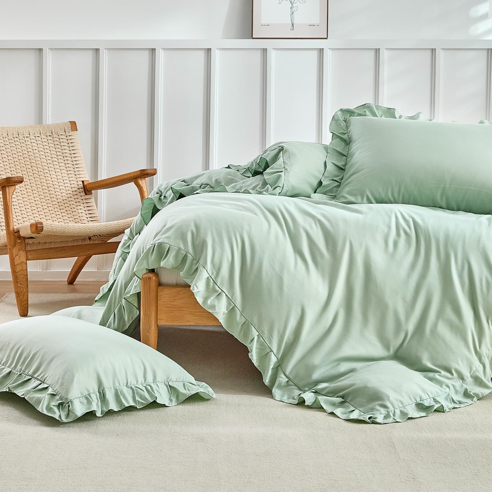 Wotcsil Set Copripiumino Matrimoniale Fiori Cotone Verde Copripiumino Floreale 240x220 cm 3 Pezzi in Cotone con Motivo di Fiori Foglie e 2 Federe