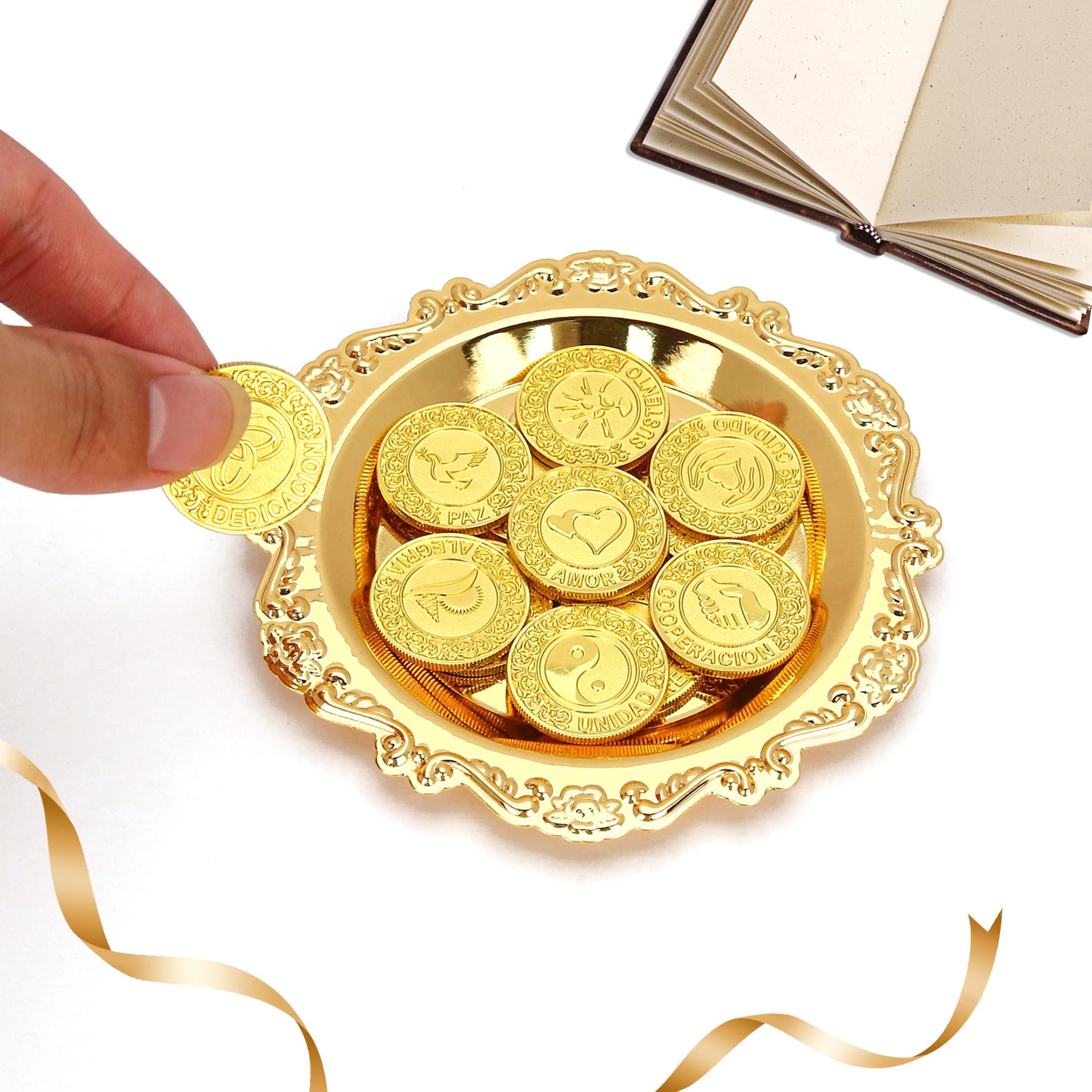 TINGKU Español Arras de Boda con Plato, Las Arras para Boda de Matrimonio, Regalos de Boda, Arras de Boda Ceremonia Novios, Monedas de Unidad, Ceremonia de Boda - Oro