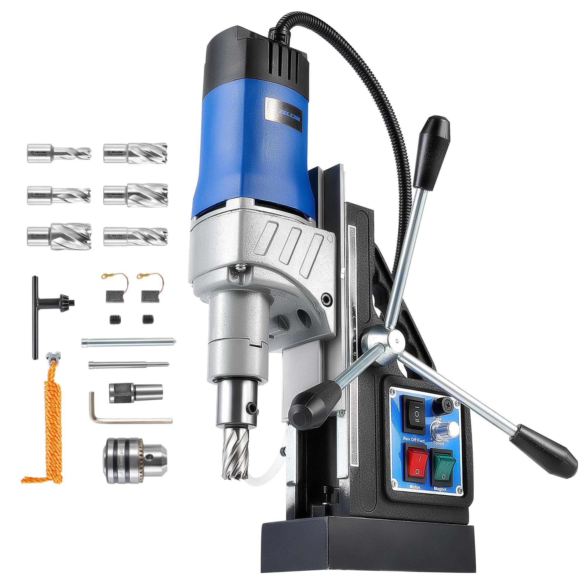 ZELCAN Perceuse Magnétique, Perceuse à Colonne Électrique Portable Max. Diamètre d'Alésage 50mm Max. Profondeur d'Alésage 50mm, 13000N avec 6 Forets