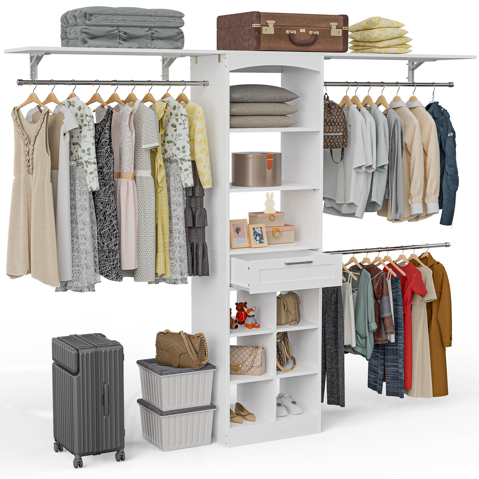 Closet System with Drawers, 8FT Walk in Closets Organizer with 3 Shelving Towers, 96" Wooden Storage Systems with Hanging Pods, Built-in Garment Rack for Bedroom