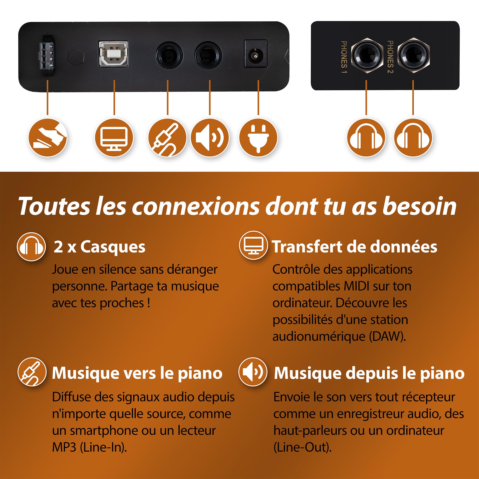 Classic Cantabile DP-50 RH Piano Numérique - 88 touches clavier pondérée à marteaux - Clavier électronique USB, 3 Pédales, 32 polyphonie - Synthetiseur debutant - Set Banquette & Casque - Bois de rose