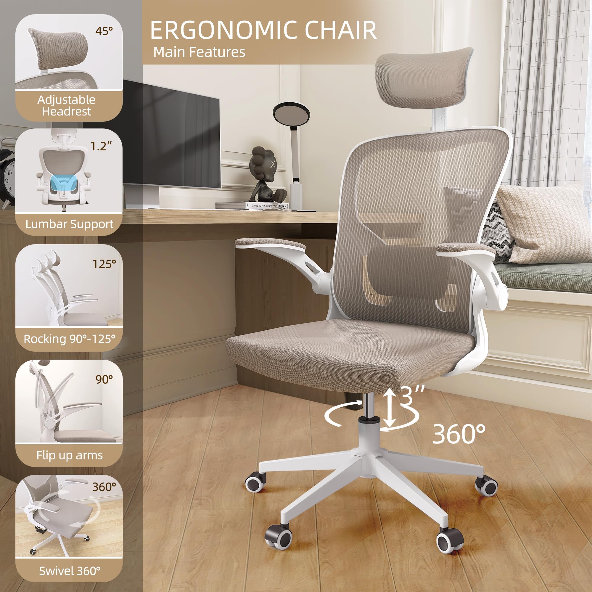 Monhey Ergonomic Office Chair, Home Office Desk Chairs with Adjustable Headrest, Lumbar Support, 2D Armrest, Computer Chair for Big and Tall People, Metal Base Heavy Duty Khaki Chair