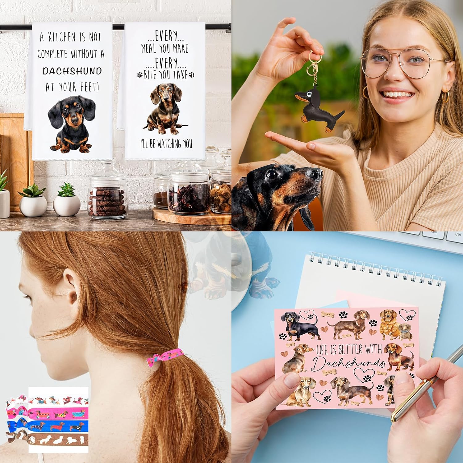 11 PCS Dachshund Gifts for Women Weiner Dog Gift for Women Funny Gifts for Dog Lovers with Glass Cup Canvas Bag Makeup Bag Kitchen Towels Socks Keychain for Birthday Christmas Mother's Day - Image 6