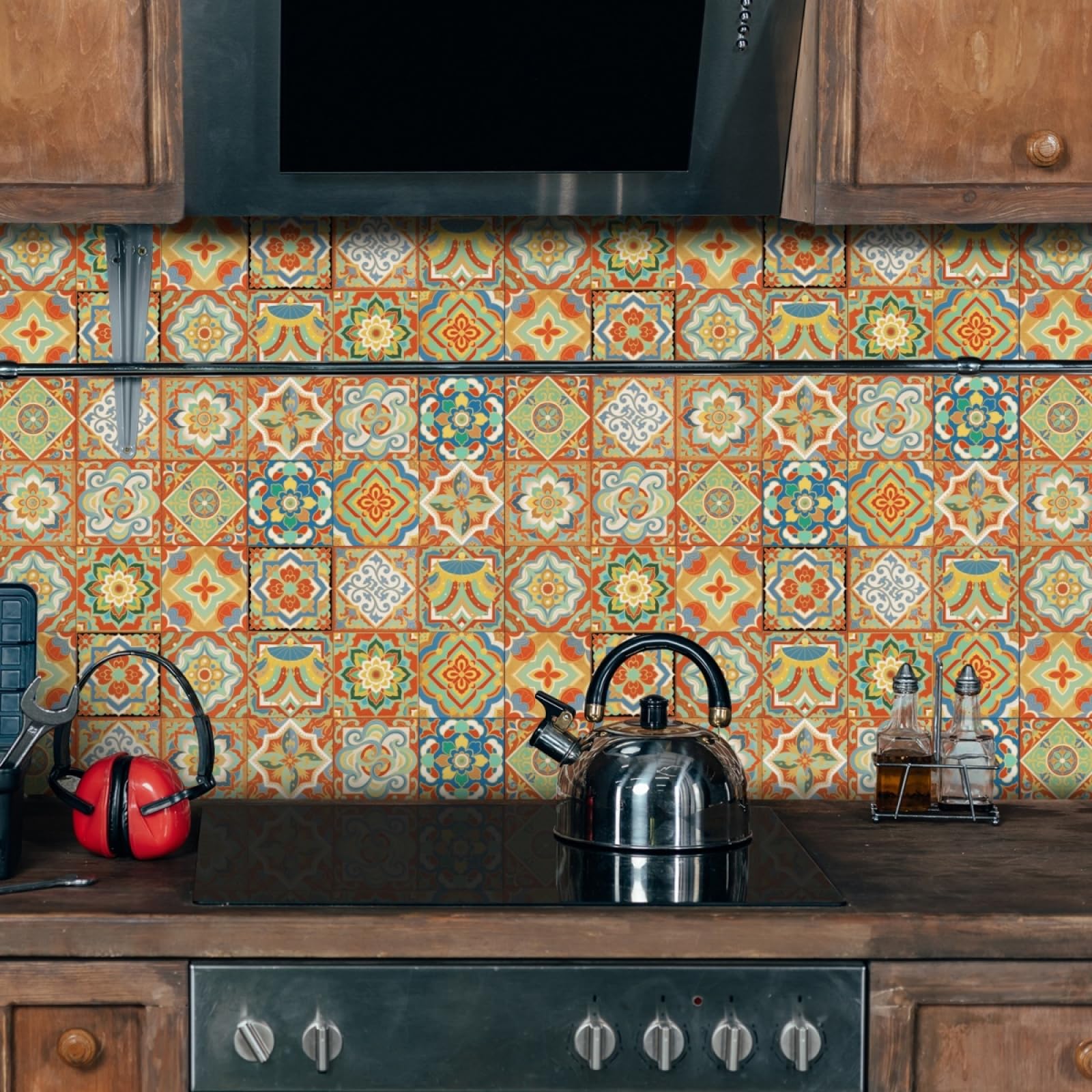 LMYSXAOZ Tile Stickers Mint Green Orange Stick on Kitchen Tiles Self Adhesive Wall PVC Peel and Covers Transfers Oil-Proof Splashbacks for Walls Removable 15x15cm/24 Pcs