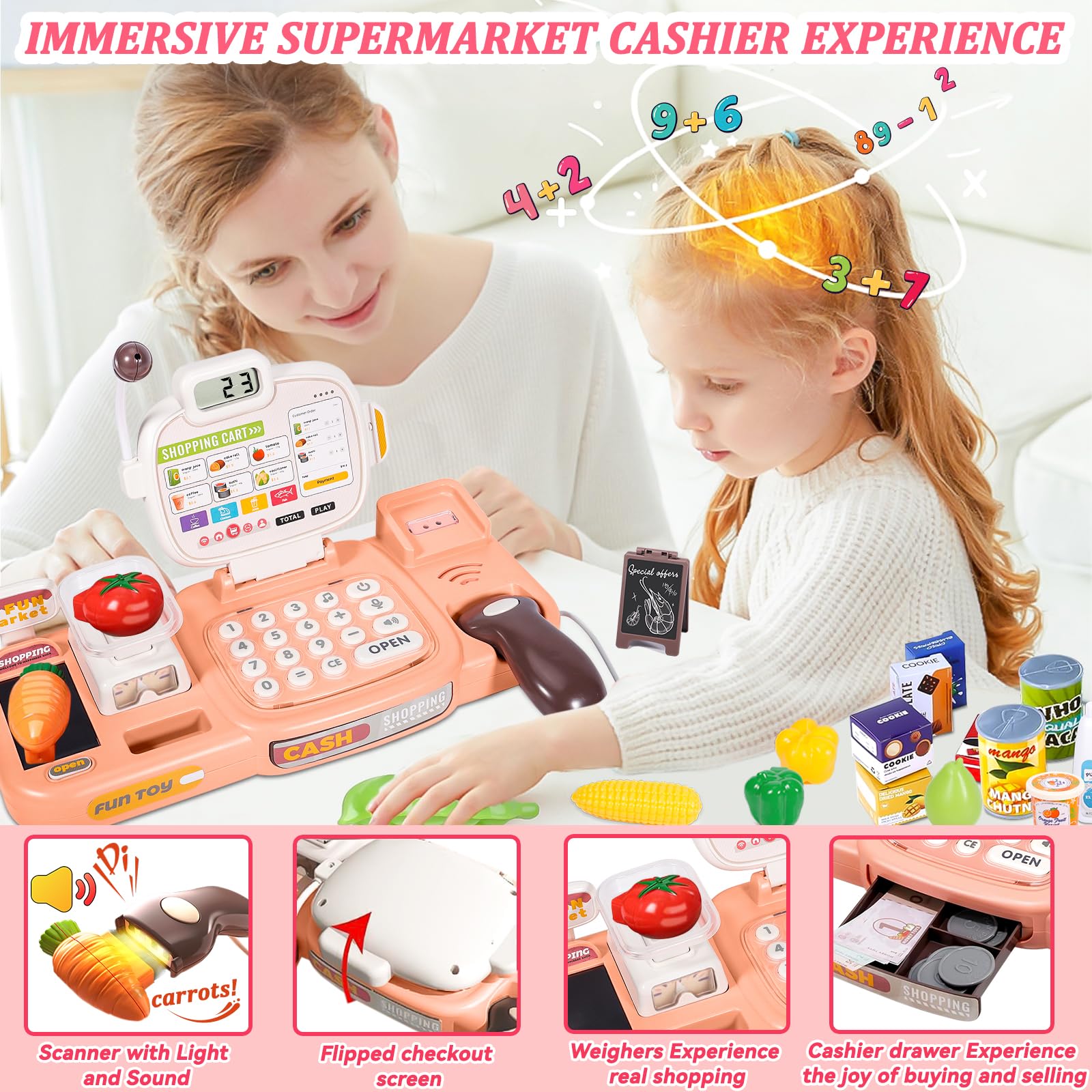 Jouet Caisse Enregistreuse pour Enfants avec Scanner et Son, Caisse de Magasin Jouet, 72 Accessoires (Calculatrice, POS, Argent Fictif, etc.) & Musique, Jeu de Rôle pour Garçon Fille de 3+ Ans