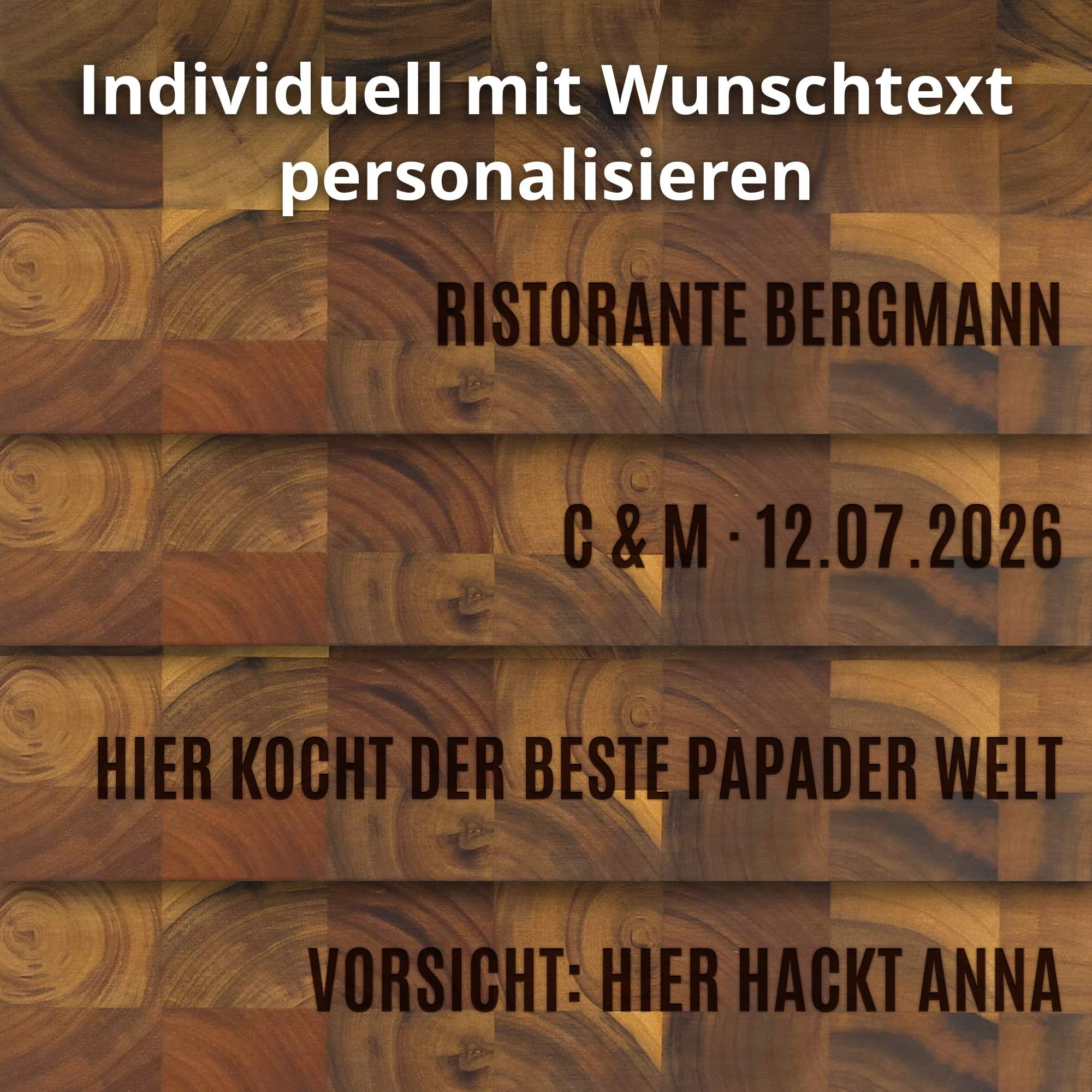Stirnholz Schneideblock Akazie mit Griffmulden und Wunschtext, Profi Schneidebrett Endgrain, Geschenkidee zum Einzug oder zum Geburtstag, 36x24x3 cm