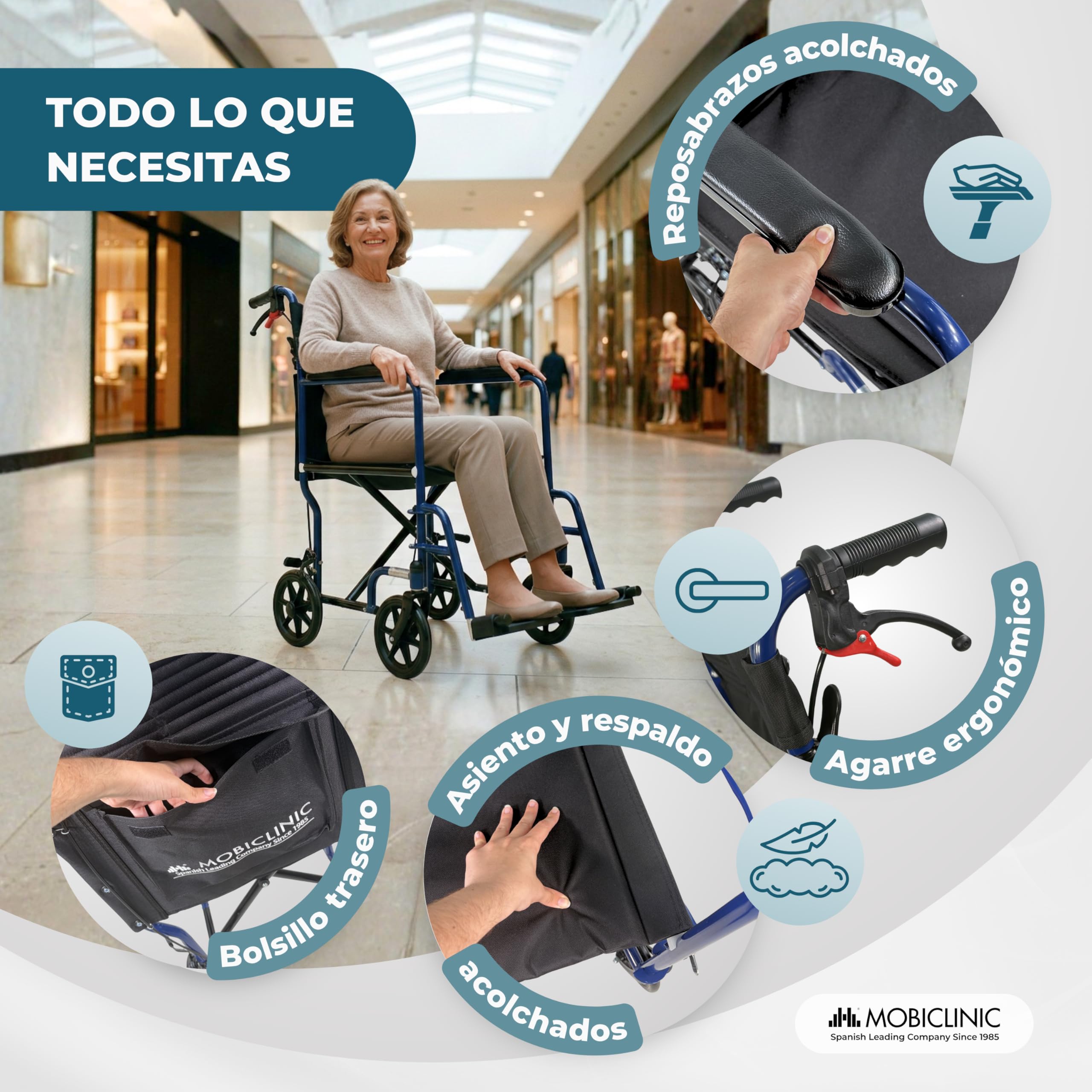 Mobiclinic®, Silla de Ruedas Plegable, de Tránsito, Respaldo Abatible, Reposapiés Extraíbles, Doble Sistema de Frenado, Reposabrazos Acolchados, Acero, Ligera y Compacta, Napoli