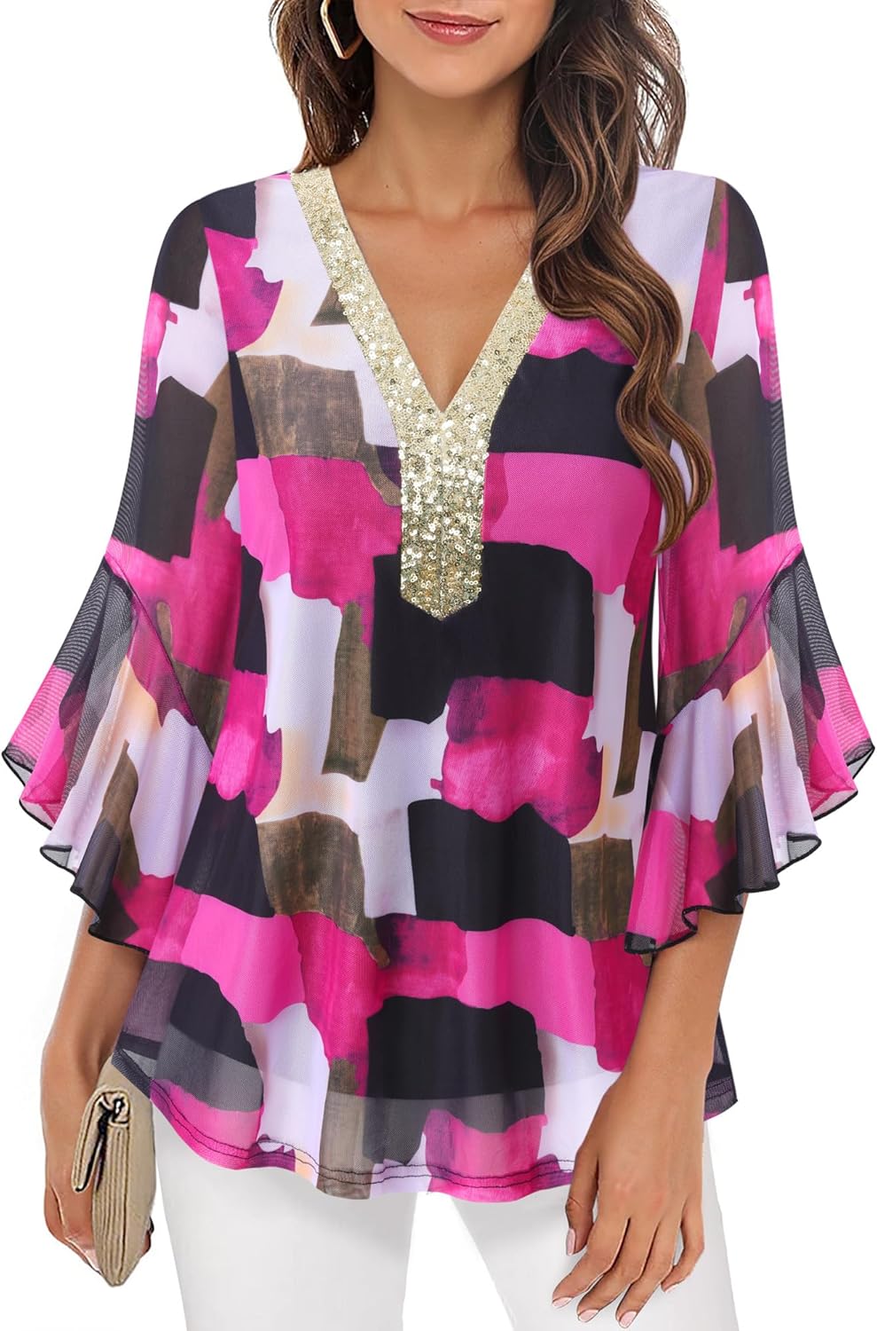 Timeson Women's Ruffle 3/4 Sleeve Sparkly Tops Sequin V Neck Blouses Dressy Fall Shirts - Image 5