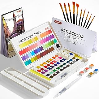 Shuttle Art Watercolour Paint Set, 48 colours Watercolour Paint in Half Pan, 2 Water Brush Pens, 10 Brushes, 1 Pad, 1 Palette, 2 colour Charts, Watercolour Kit for Kids, Adults, Artists