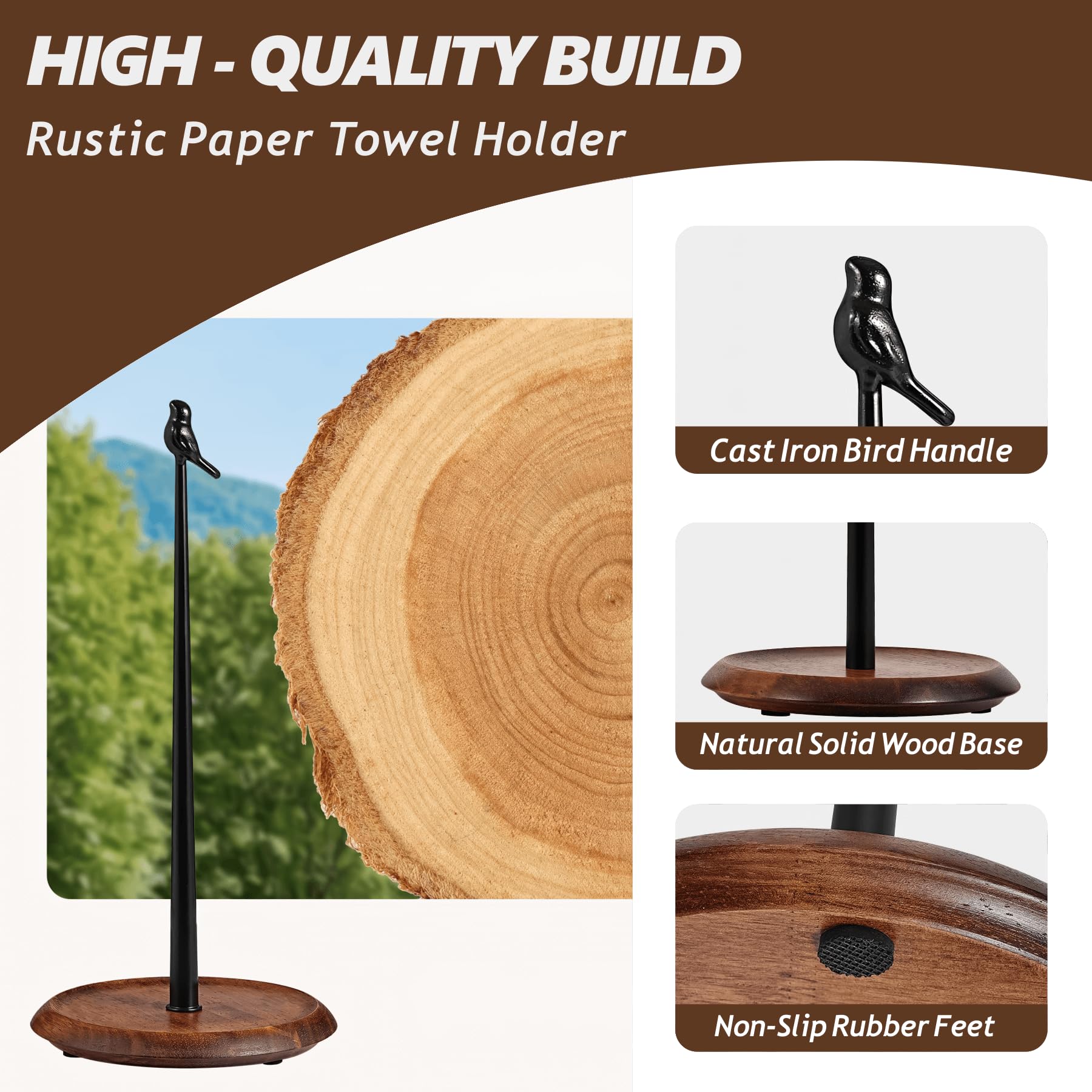 Porte Sopalin sur Pied Rustique | Support Essuie Tout en Bois et Métal Noir avec Oiseau | Dérouleur Sopalin pour Plan de Travail
