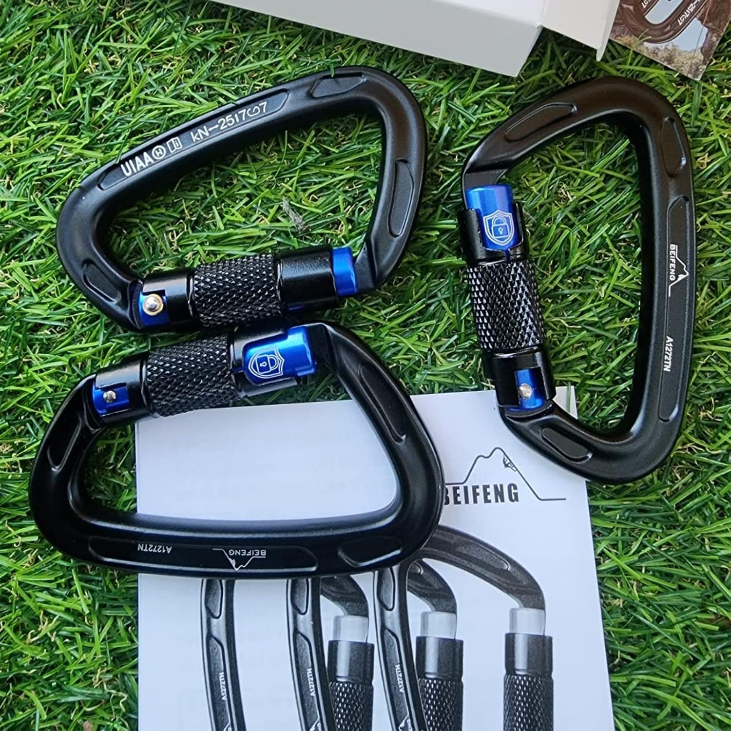BEIFENG 25KN Auto Locking Carabiner - UIAA Certified Heavy Duty Climbing Carabiners for Rock Climbing, Camping, Rappelling, Hunting, Rescue Equipment - Professional Carabiner Clips (Black) - Image 6