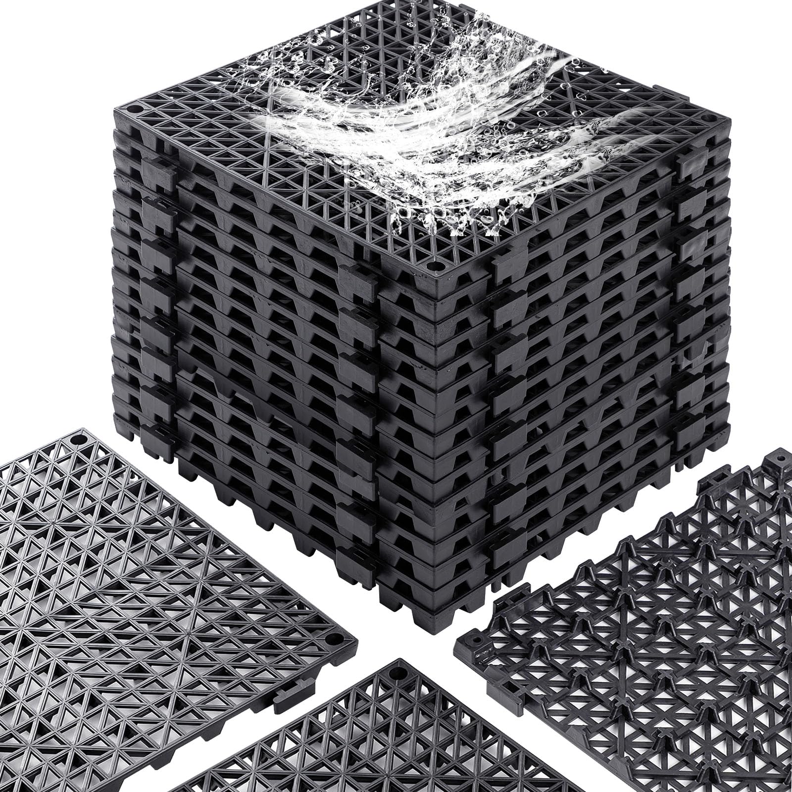 12" x 12" Drainage Interlocking Floor Tiles, 12 Pack Non-Slip Pool Deck Drain for Flooring, Soft PVC Splicing Modular Cushion Mats With Holes for Shower Basement Garage Shed