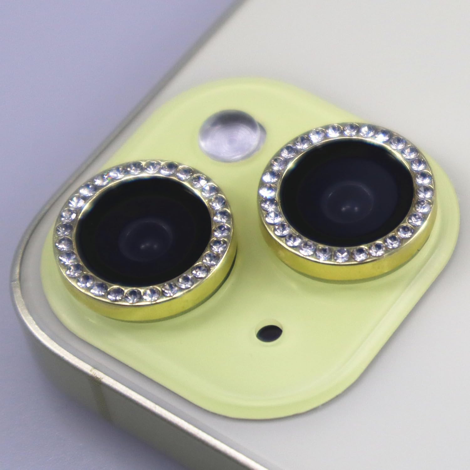 BONVAN for iPhone 15/15 Plus Camera Lens Protector Bling Glitter Diamond Metal Crystal Tempered Glass Screen Accessories Rhinestones Lens Cover, also Compatible with iPhone 16e (2PCS) (Gold)