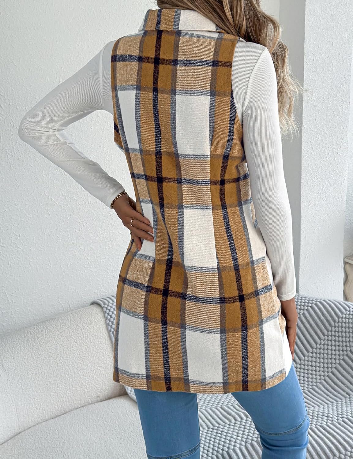 IDEALSANXUN Womens Plaid Vest Jackets Fall Winter Casual Sleeveless Blazer Waistcoat
