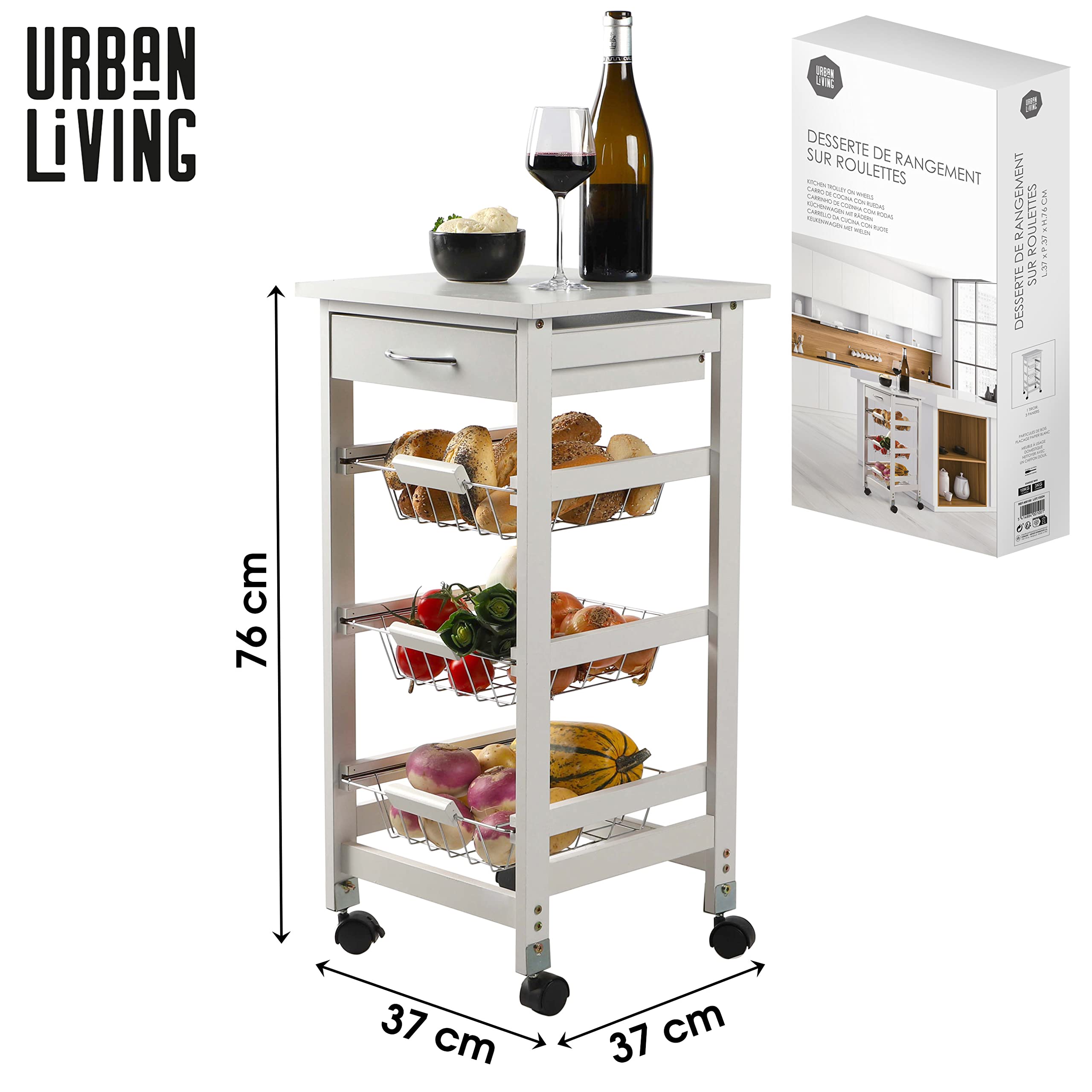 Urban living „PRATIK“ WEISSER AUFBEWAHRUNGSSERVER MIT METALLKORB MIT 3 SCHUBLADEN, 37XH76CM