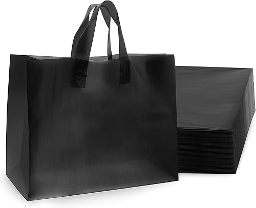 Bolsas de plástico con asas 16 x 6 x 12 pulgadas paquete de 200 bolsas grandes de plástico esmerilado negro con parte inferior de cartón pequeñas