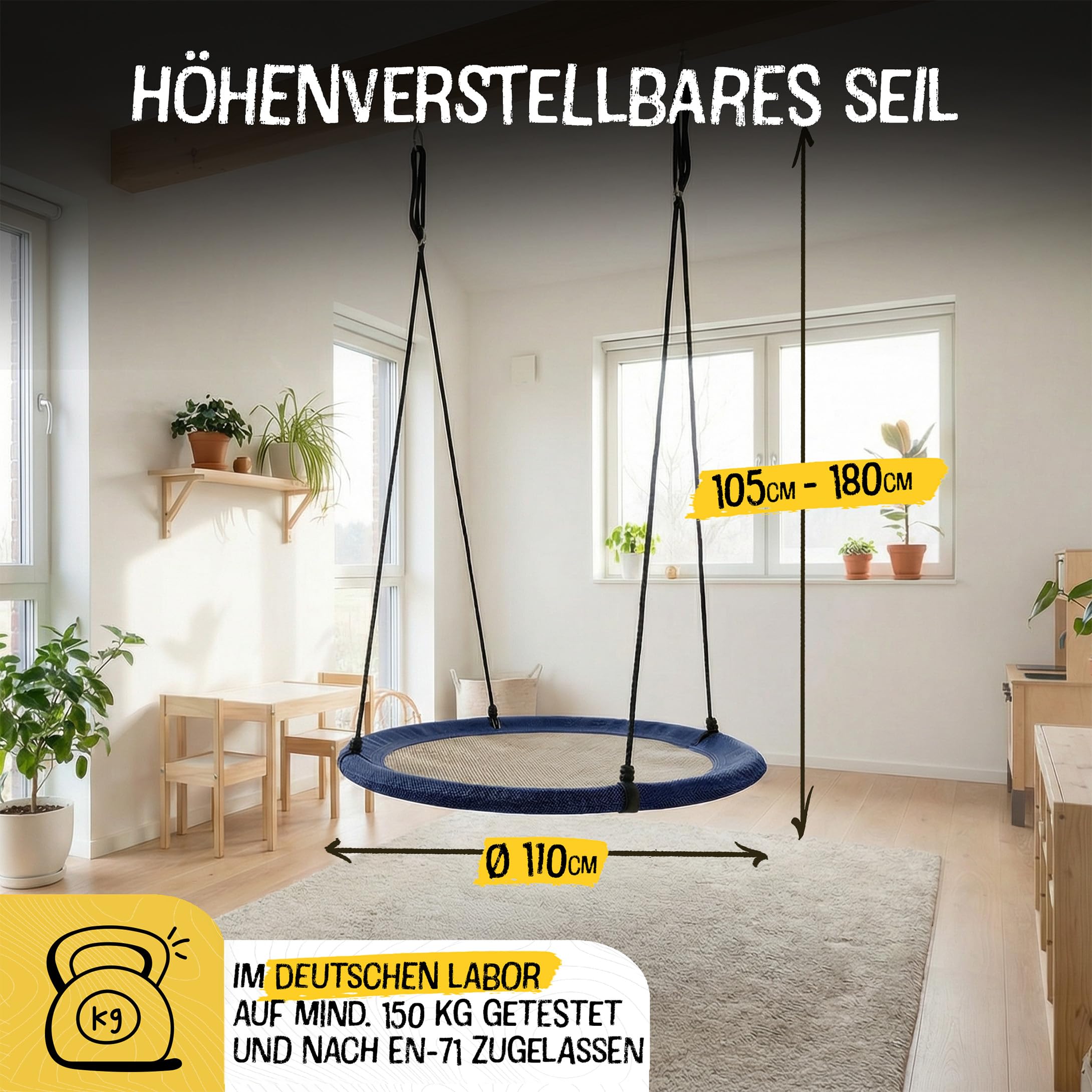FRIEDO Nestschaukel Outdoor 90/110 cm I Netzschaukel bis 150 kg I Wasserabweisend & UV-beständiger Bezug I Höhenverstellbar I Rostfreier Stahlrahmen I Kein Ausbleichen I Korbschaukel schnell montiert - 3