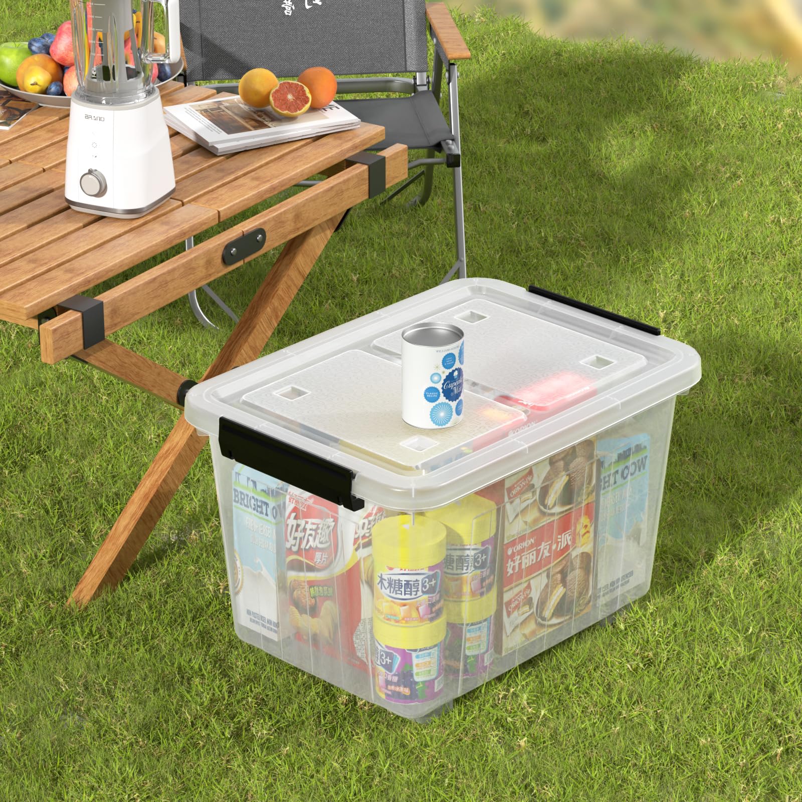Cand Lot de 4 boîtes de rangement en plastique avec roulettes, 30 litres, transparentes