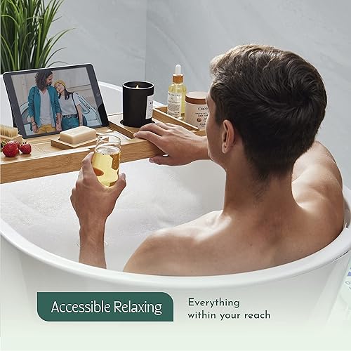 Miniatura 2 de Lujosa bandeja de baño de bambú para bañera bandeja de baño expandible para accesorios de bañera asientos para una o dos personas organizador de