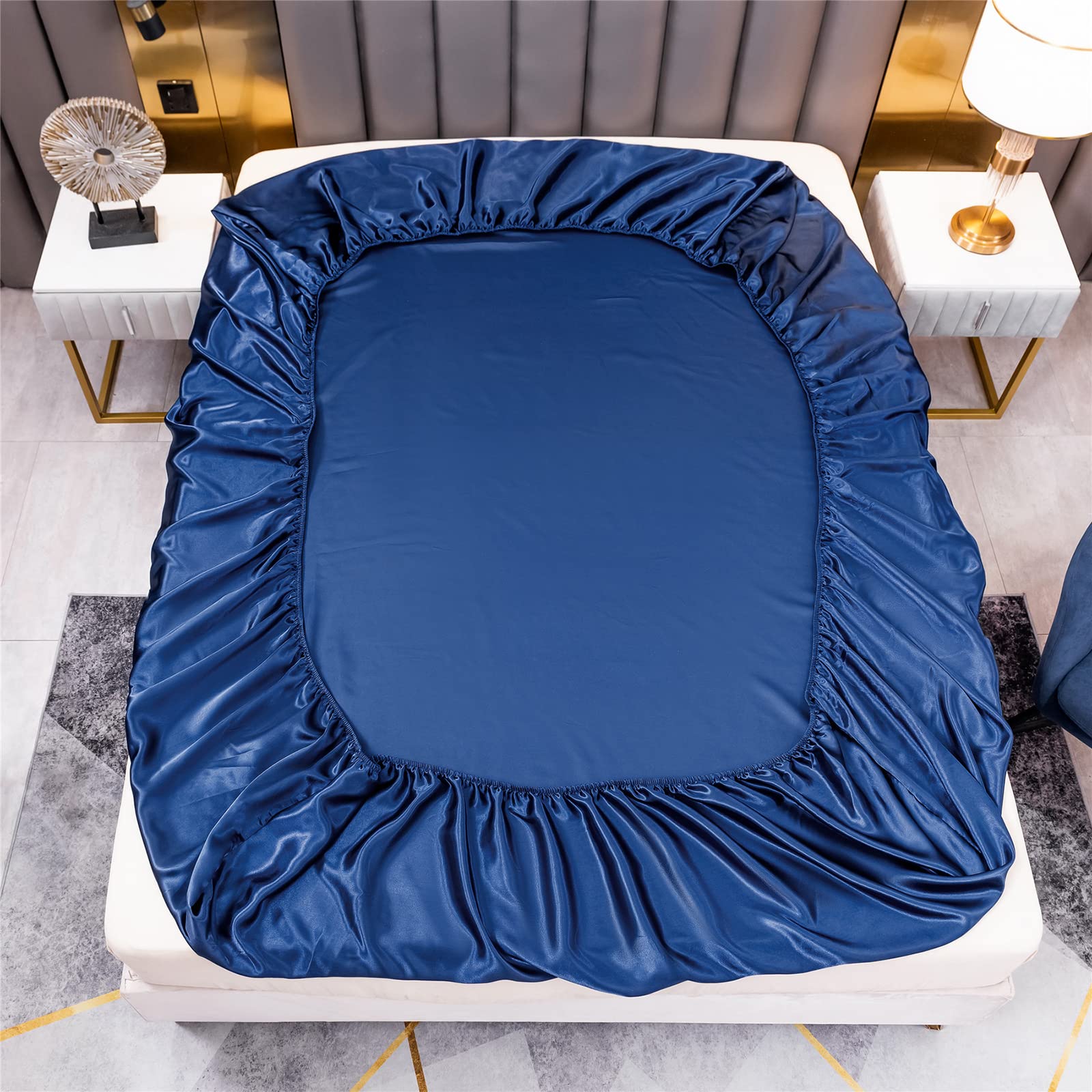 Drap Housse Satin 140x200cm - Bonnet Profond 30cm - 100% Polyester Doux - Gris Foncé