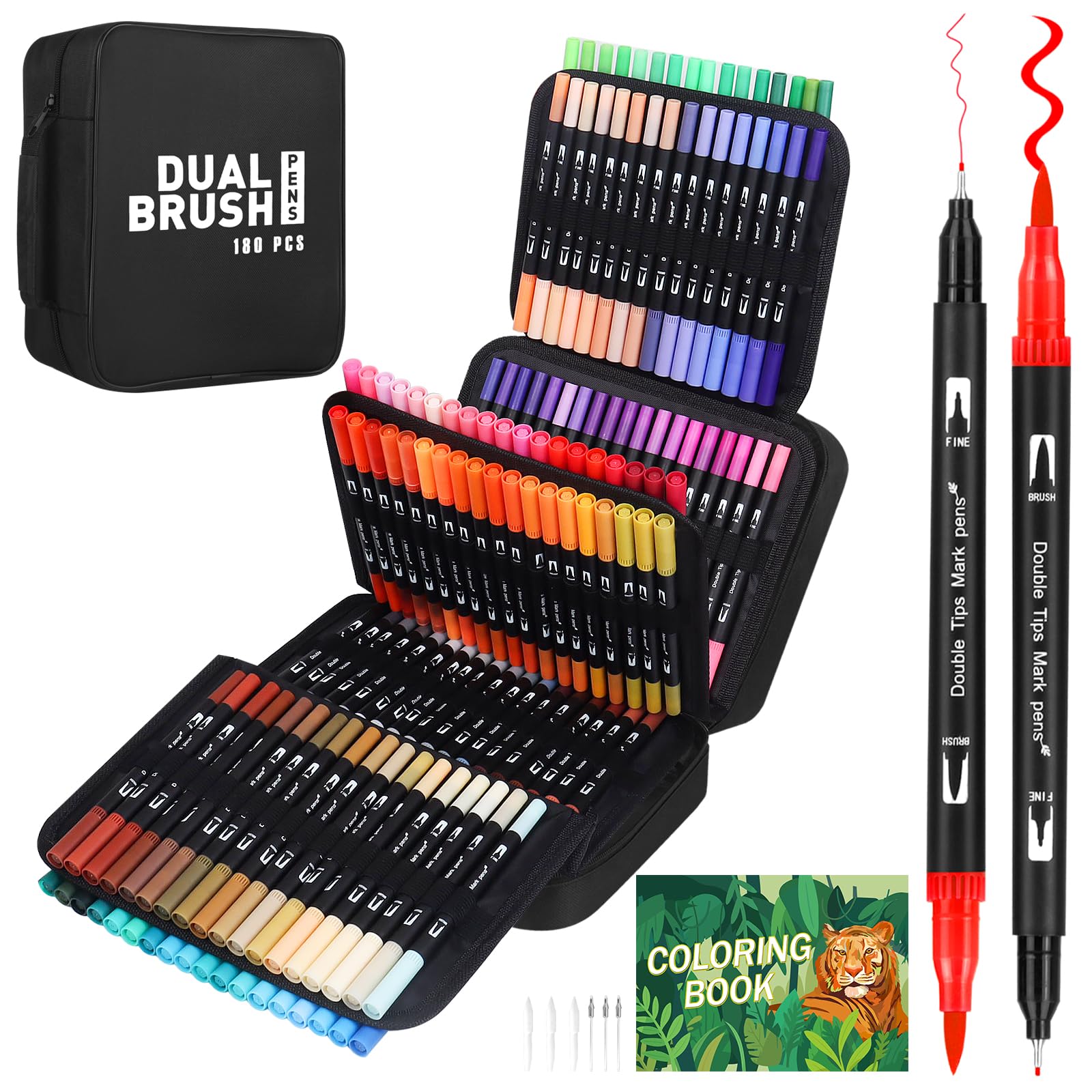 TrendGate Dual Brush Pen Set, 180 Farben Fineliner und Pinselstifte Set | Doppel Filzstifte Dicke und Dünne, mit Malbücher, schnelltrocknend, Ersatz-spitze, für Handlettering, Bullet Journal, Mandala