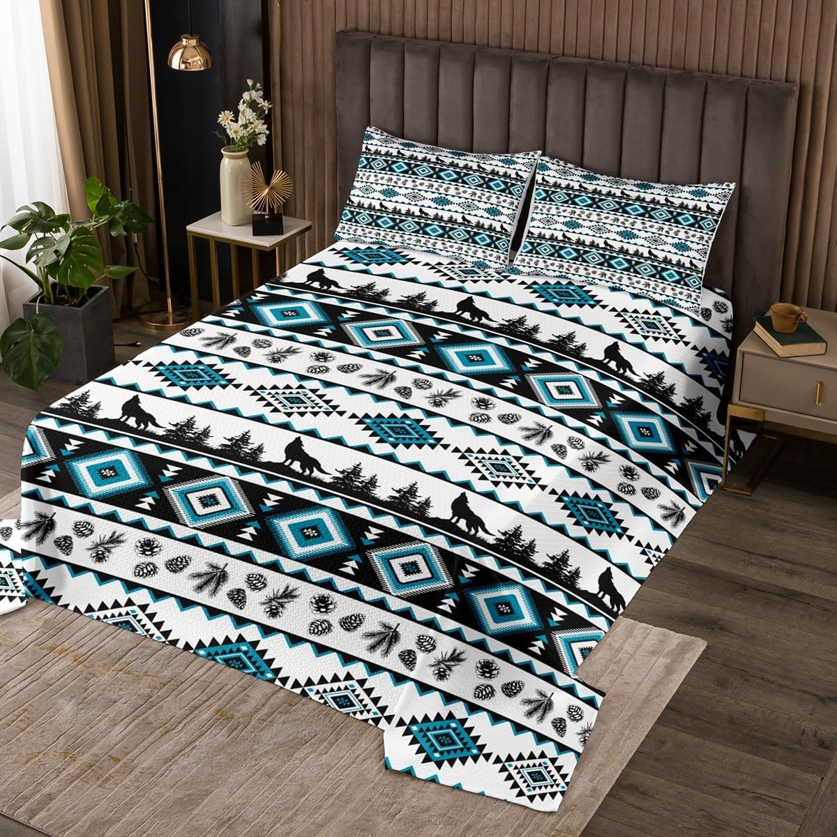 Castle Fairy Abstract Teal Aztec Bedspread Twin Size,Southwestern Bohemia Bedding Sets 2Pcs for Kids Girls Boys Room Decor,Wild Deer Comforter Set Geometric Plant Quilt Coverlet,1 Pillowcase
