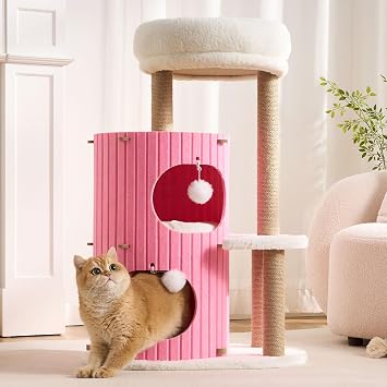 Modern Cat Tree for Indoor Small & Medium Cats, 36" Cat Tower with Scratching Posts, 2 Cozy Cat Caves, Top Perch, Dangling Balls, Washable Cushions, Space-Saving Cat Condo, Pink